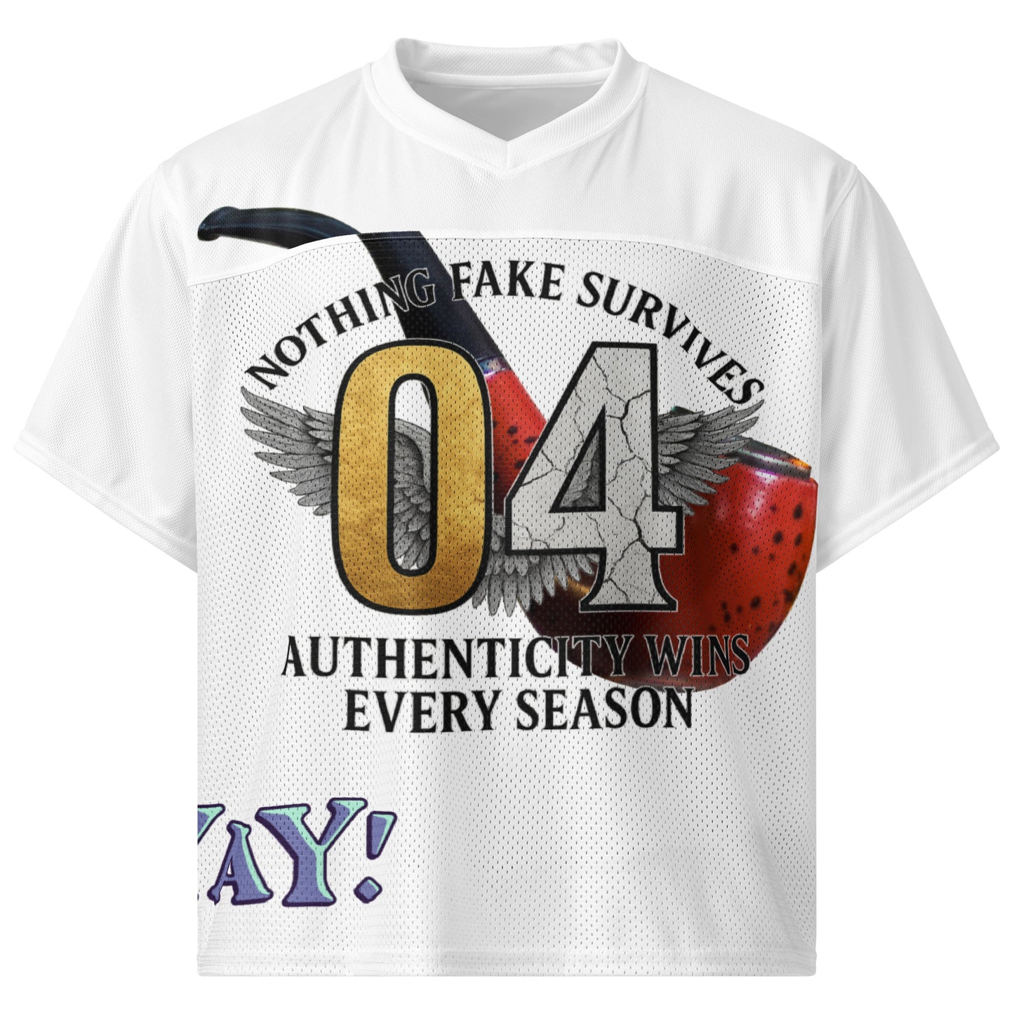 White t-shirt with sports-themed design and text on a white background