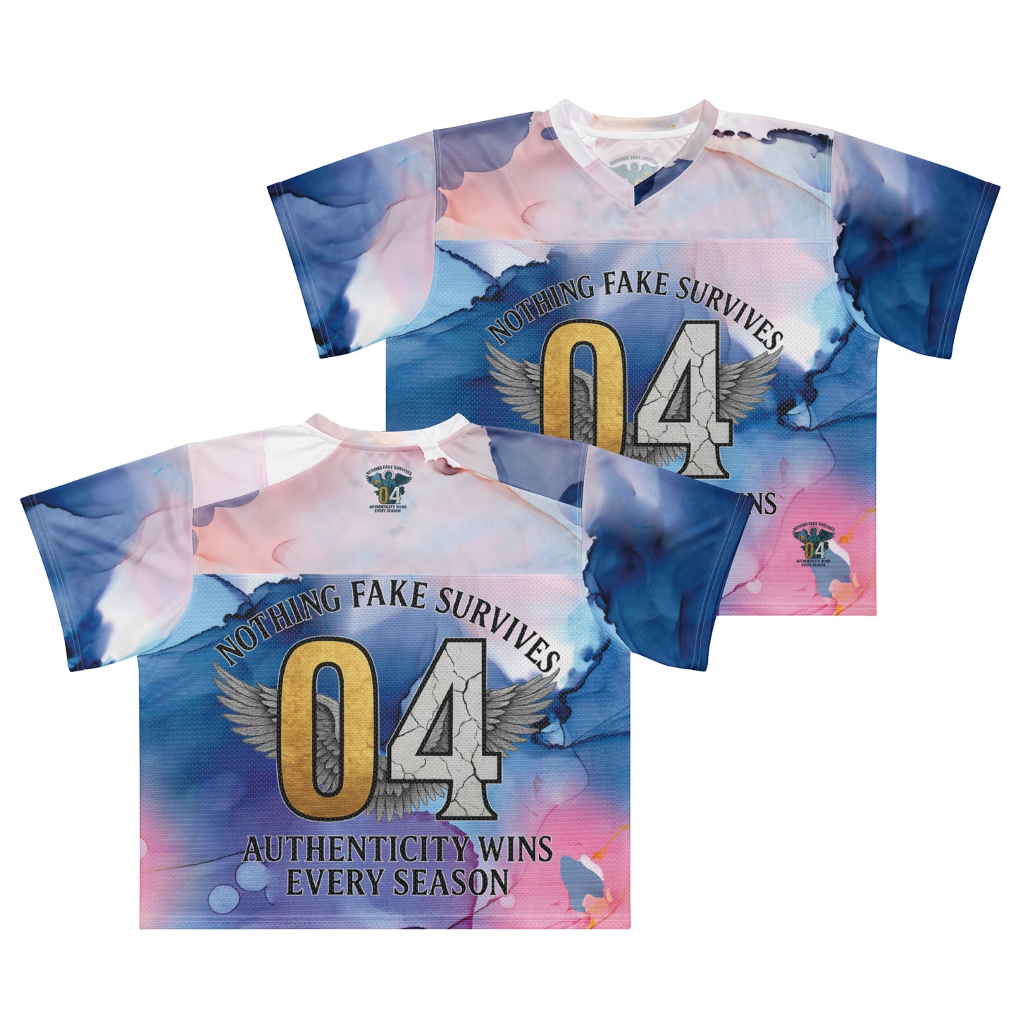 Tie-dye t-shirt with 'Nothing Fake Survives 04' text and design on a white background