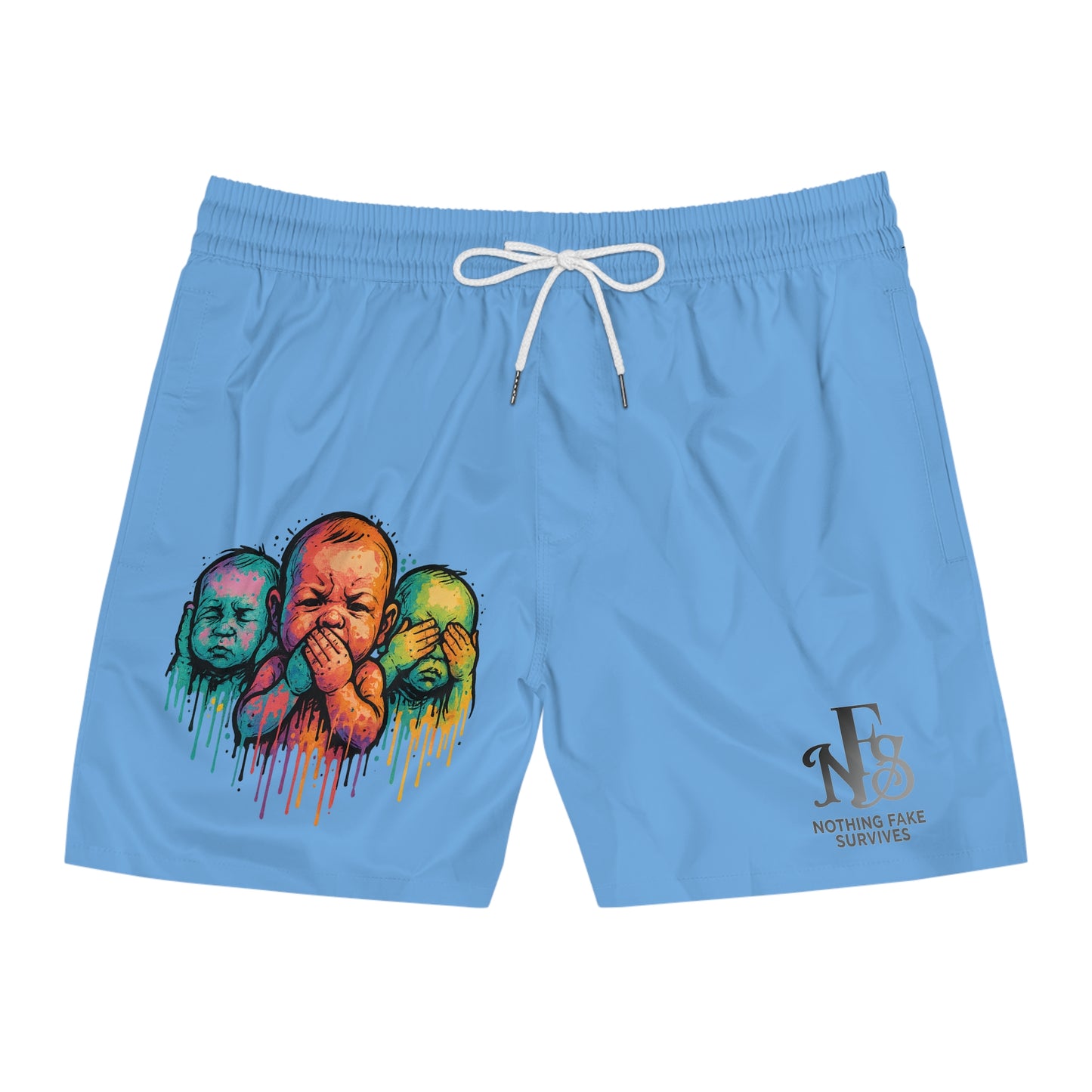 All-over print Street Baby Trio Shorts by Drippy Silence featuring vibrant, colorful street art-inspired patterns.
