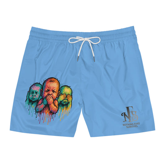 All-over print Street Baby Trio Shorts by Drippy Silence featuring vibrant, colorful street art-inspired patterns.