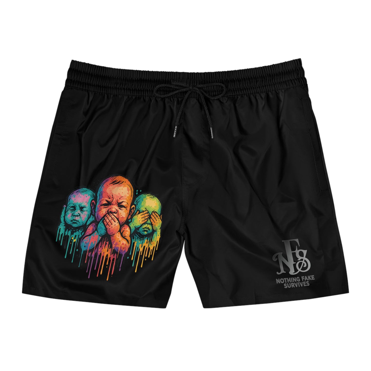 All over print street baby trio shorts by Drippy Silence featuring colorful, abstract designs on lightweight fabric.