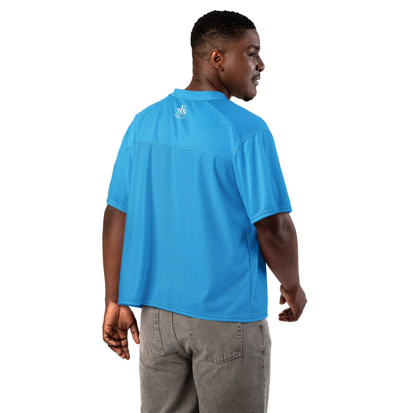Back view of Caribbean Sky blue oversized boxy football jersey by NFS
