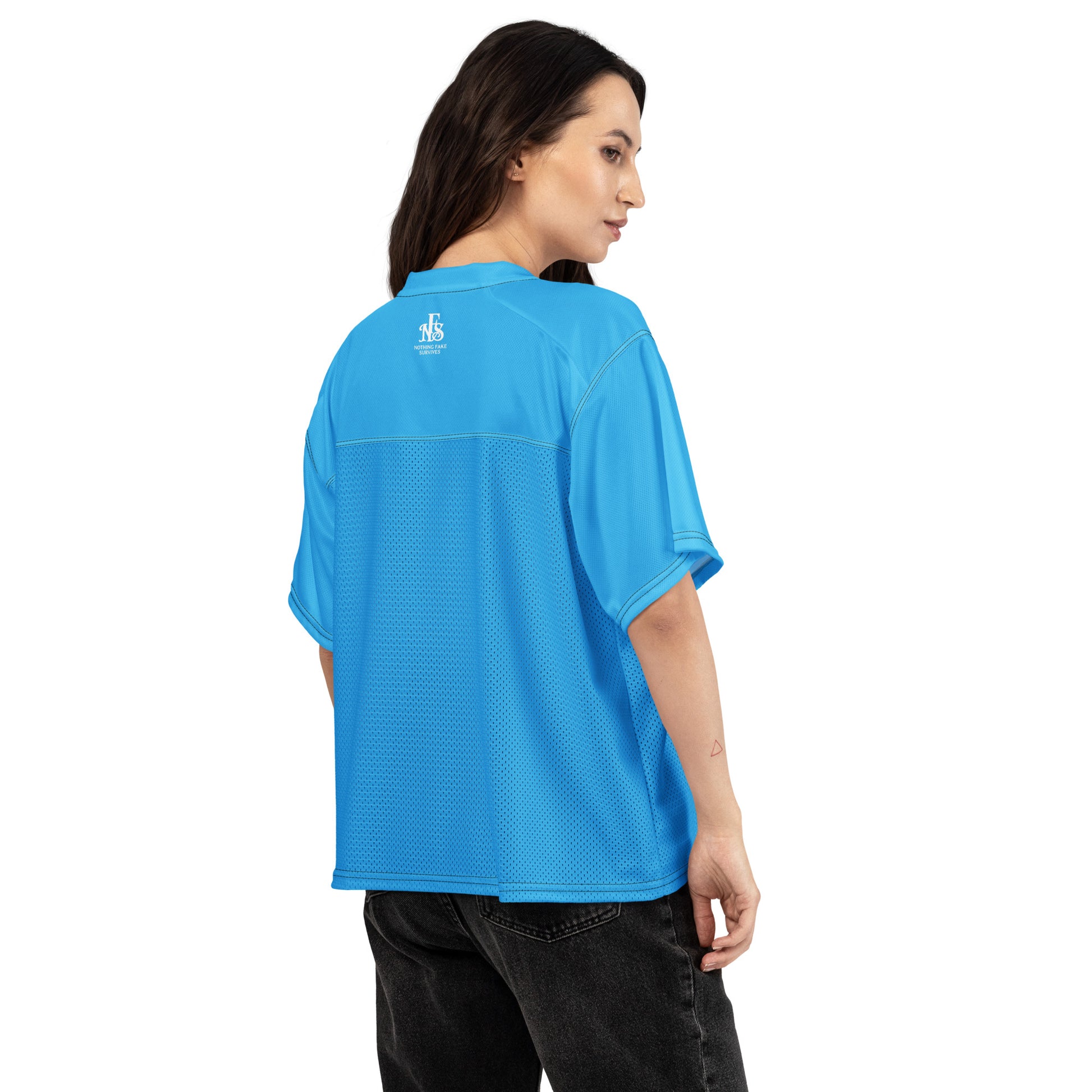 Back view of Caribbean Sky blue oversized Haiti mesh jersey with NFS logo