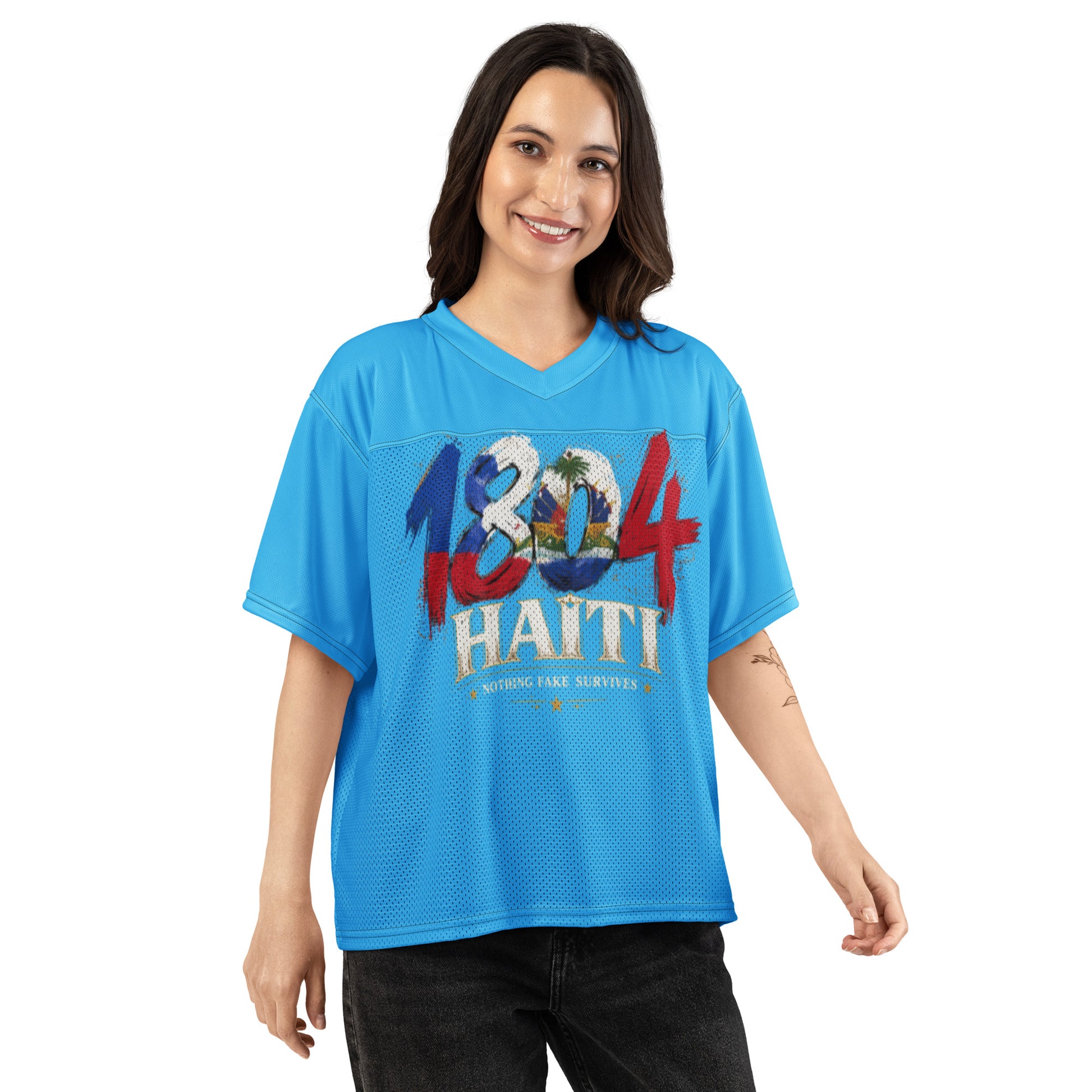 Woman wearing Caribbean Sky blue oversized 1804 Haiti mesh jersey by NFS