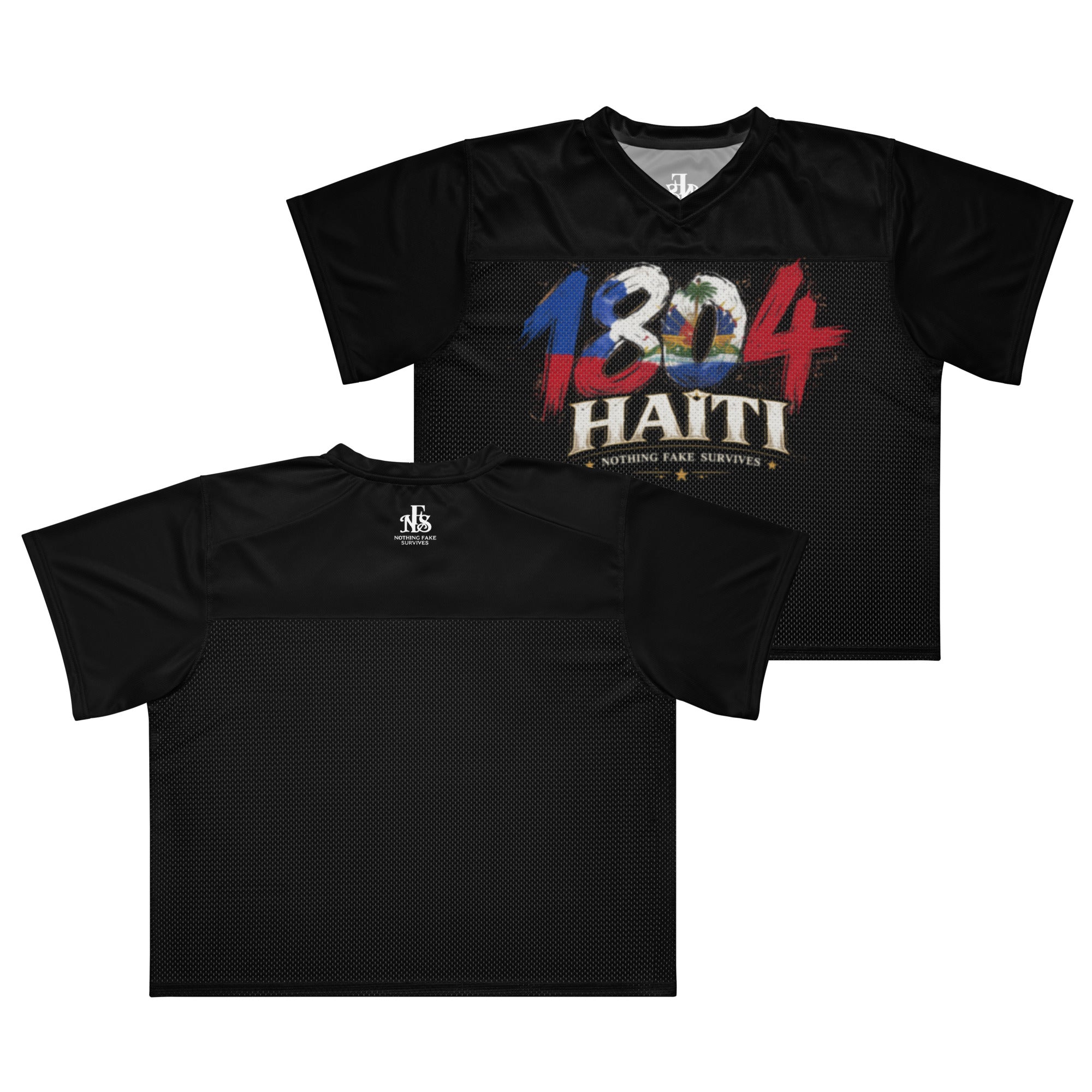 Front and back flat lay of the Midnight Black 1804 Haiti oversized mesh jersey by NFS