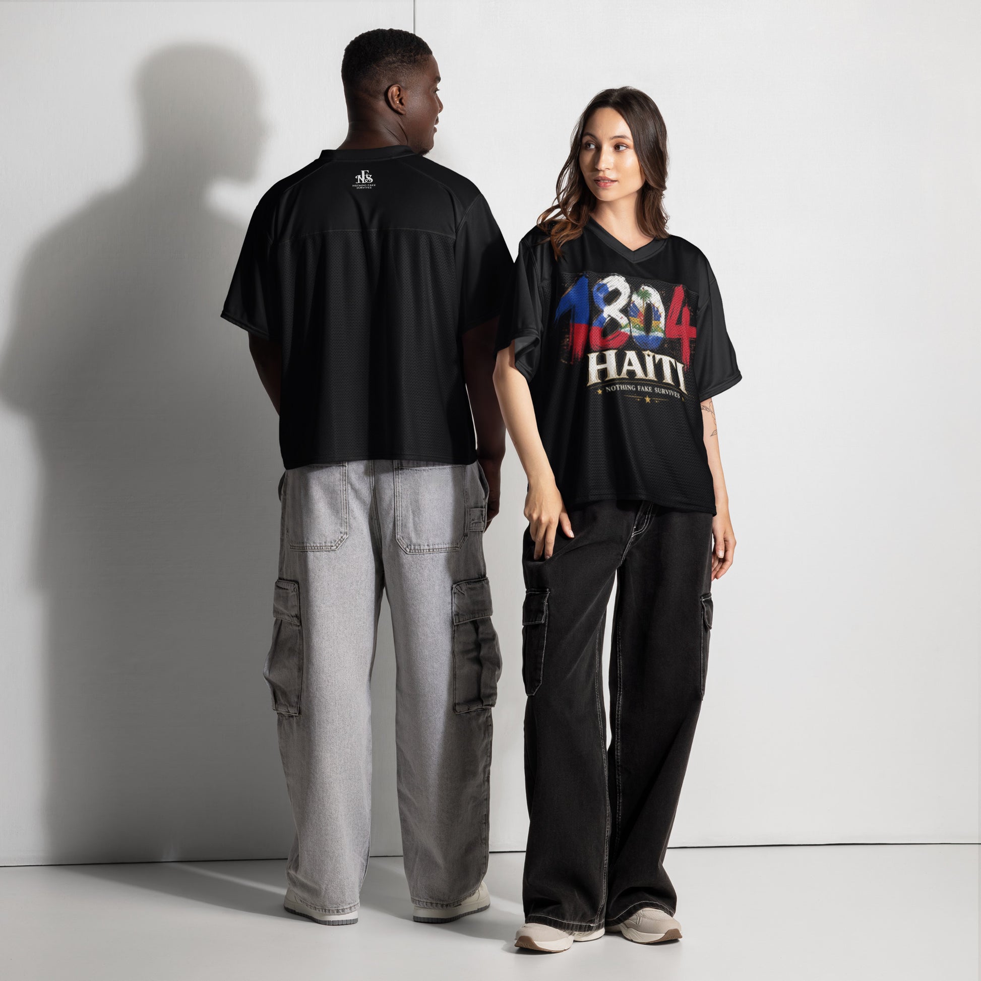 Oversized Midnight Black 1804 Haiti boxy jersey by NFS shown on male and female models