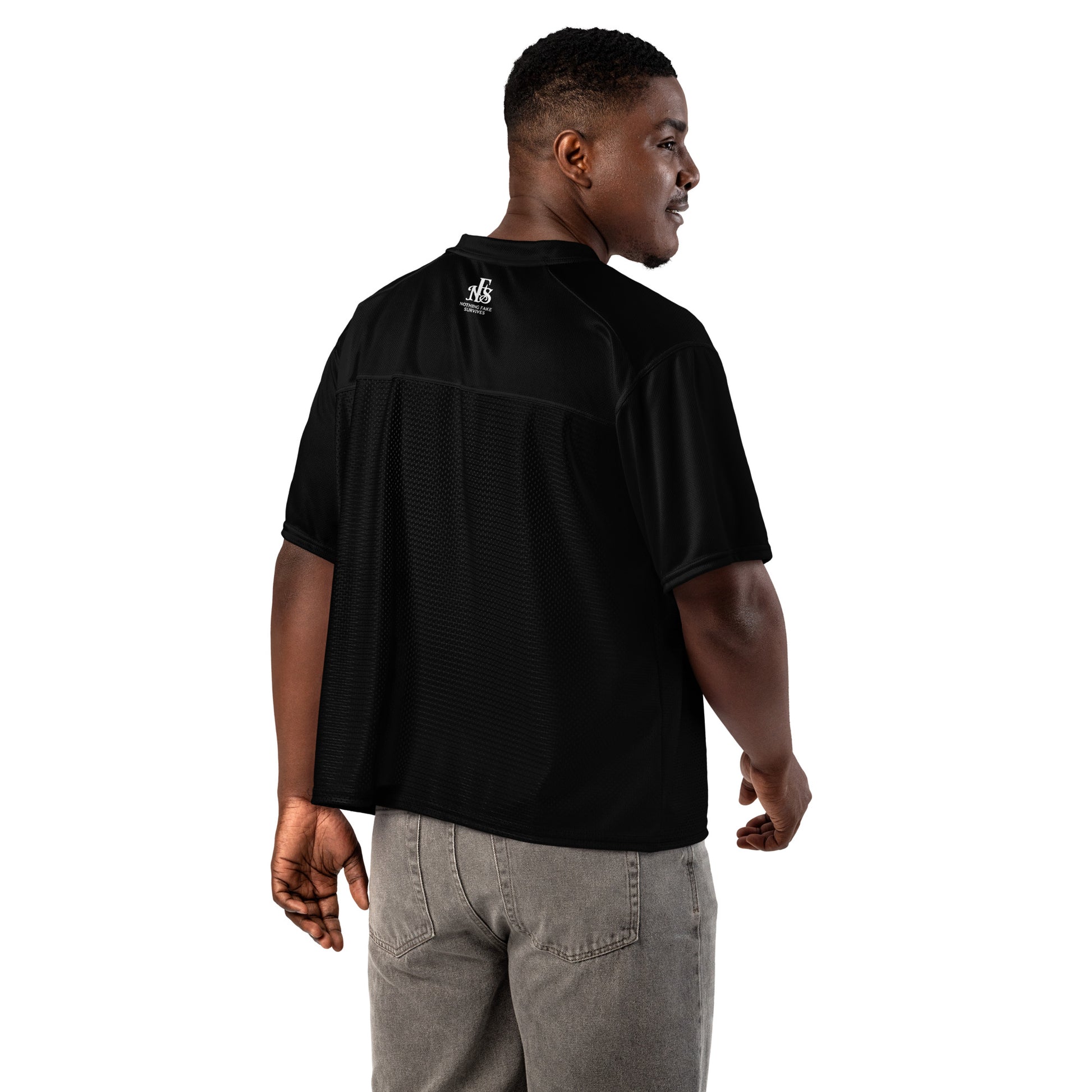 Back view of Midnight Black oversized boxy football jersey by NFS