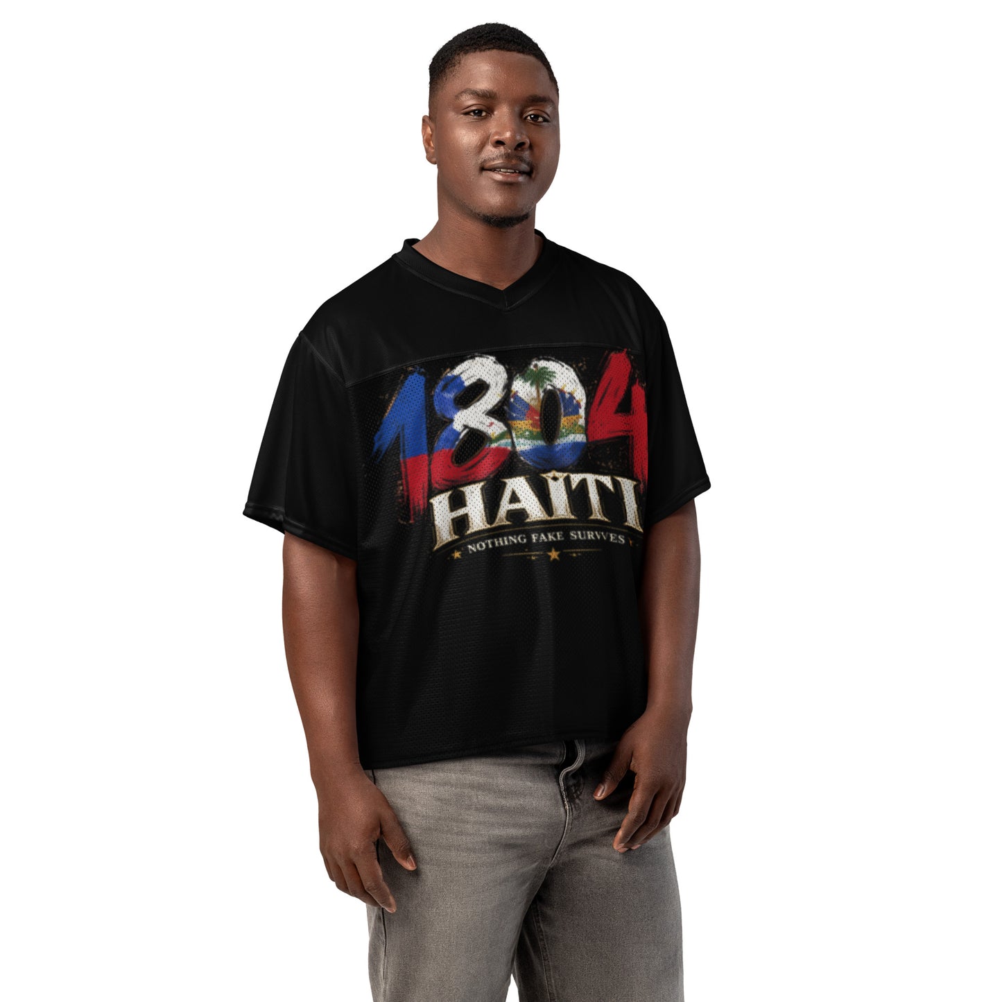 Man wearing Midnight Black oversized Haiti 1804 football jersey by NFS