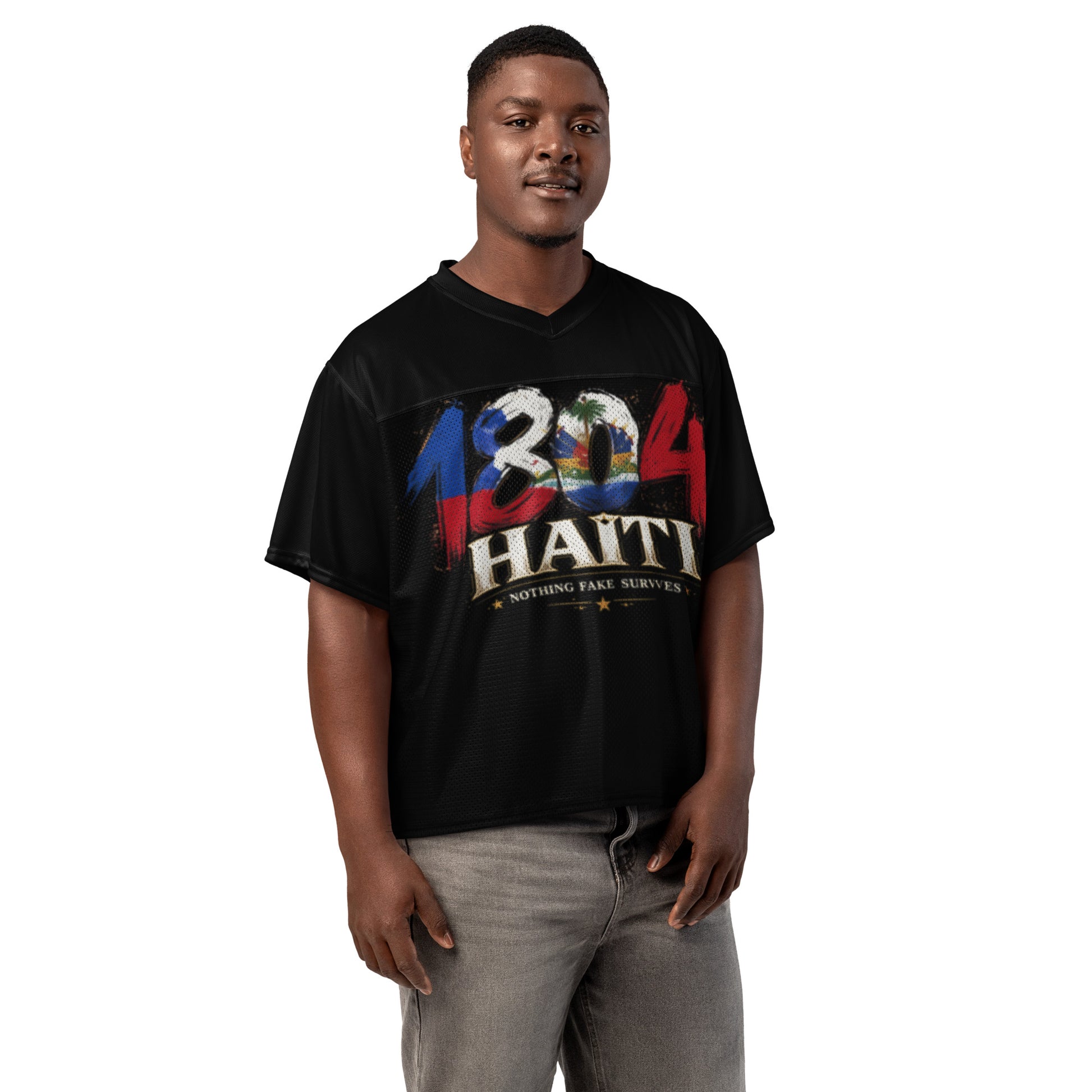 Man wearing Midnight Black oversized Haiti 1804 football jersey by NFS