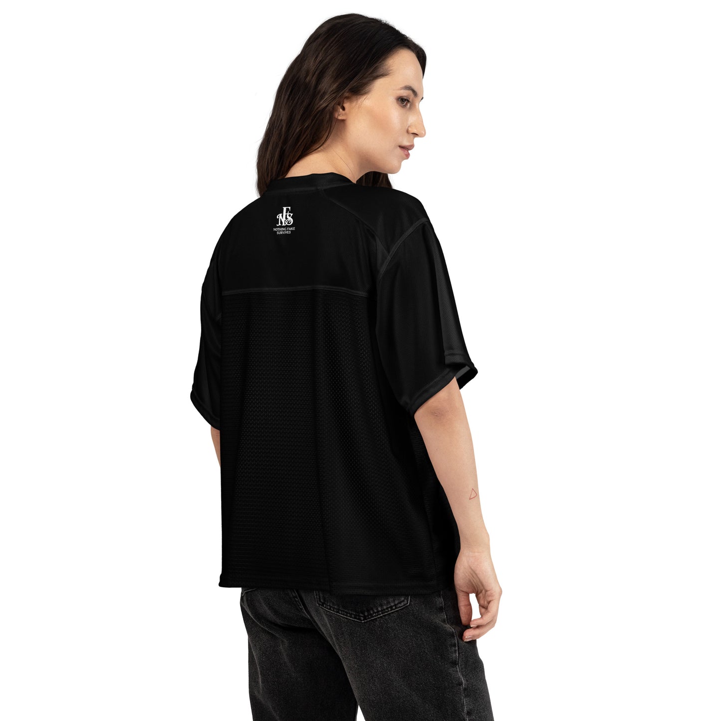 Back view of Midnight Black oversized Haiti mesh jersey with NFS logo