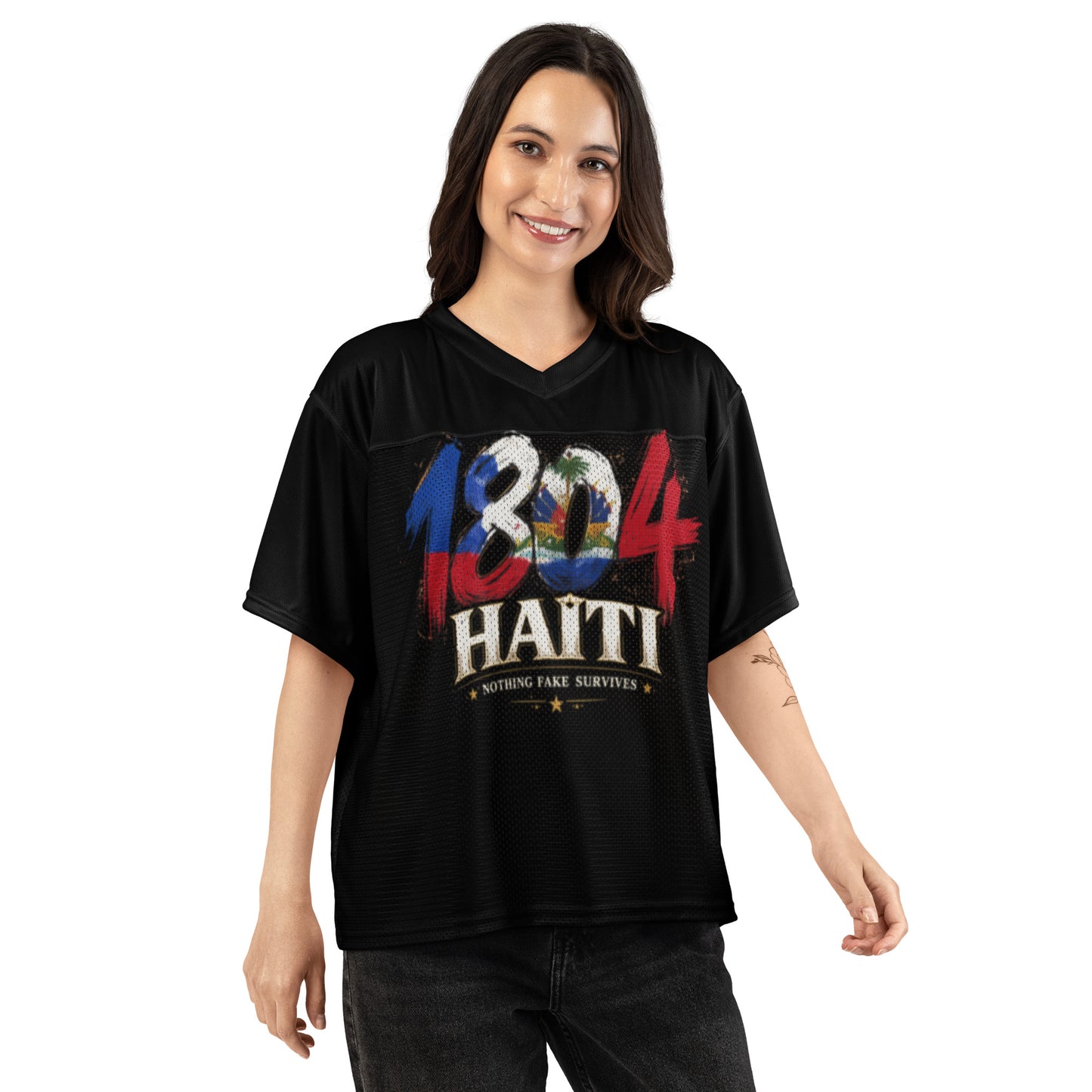 Woman wearing Midnight Black oversized 1804 Haiti mesh jersey by NFS