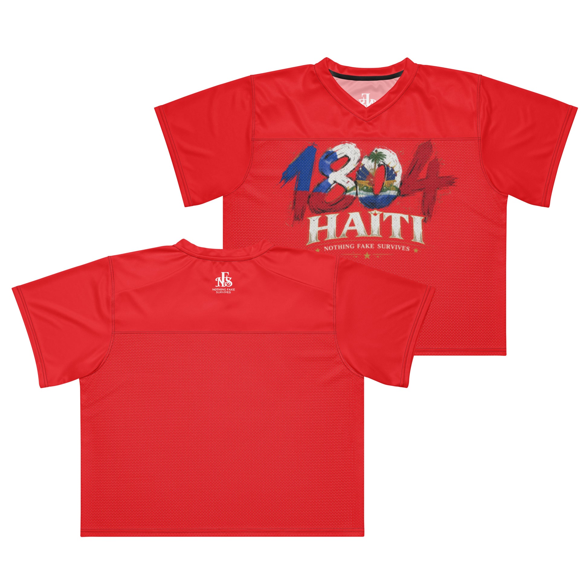 Front and back flat lay of the Revolution Red 1804 Haiti oversized mesh jersey by NFS