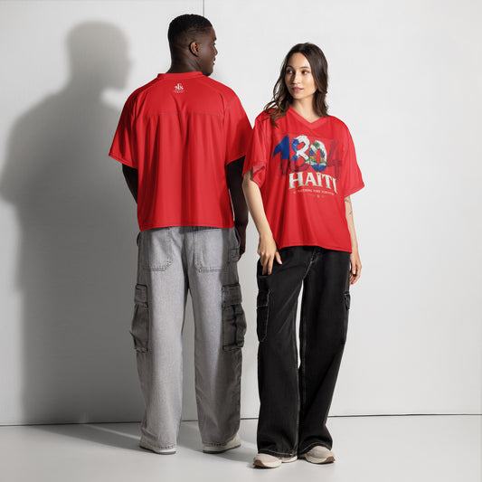 Oversized Revolution Red 1804 Haiti boxy jersey by NFS shown on male and female models
