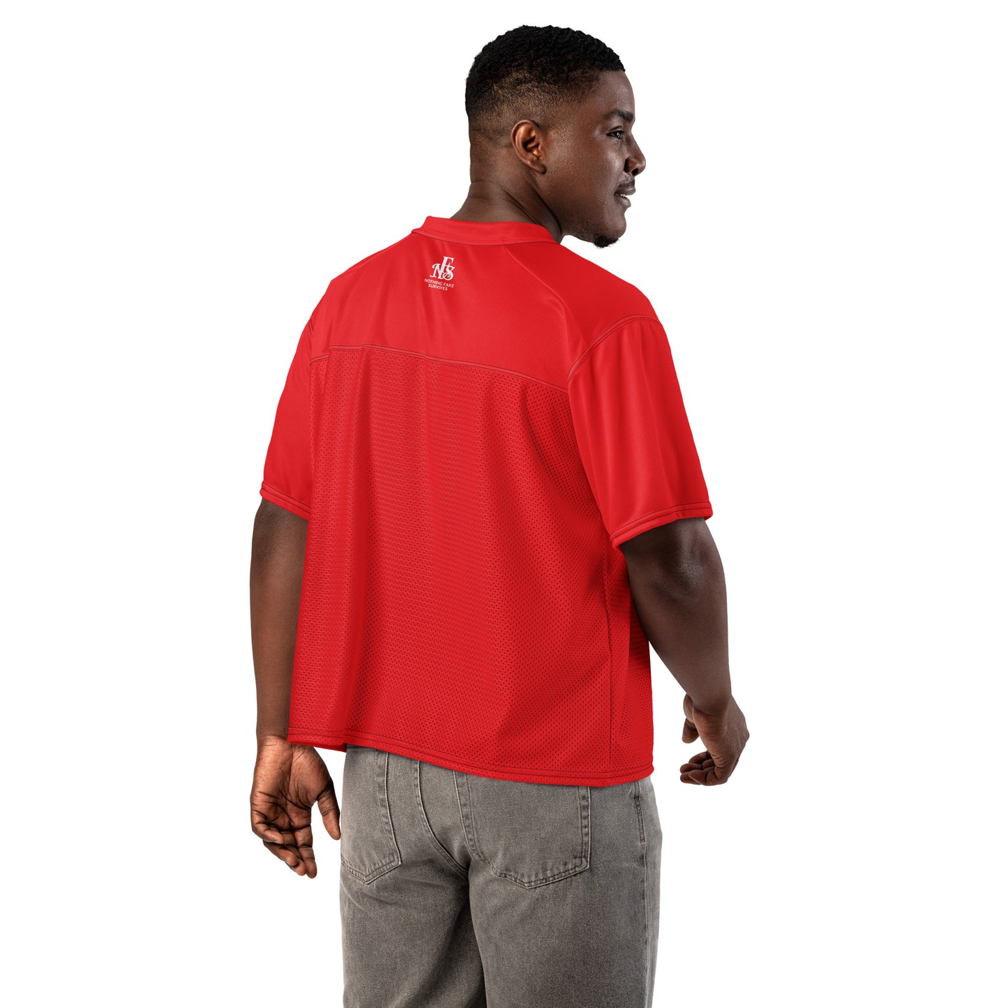 Back view of Revolution Red oversized boxy football jersey by NFS