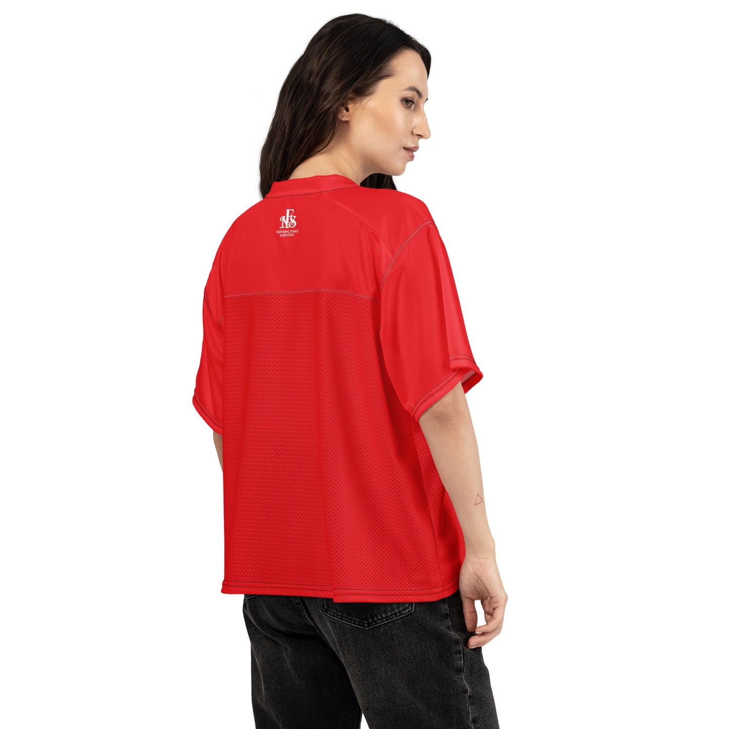 Back view of Revolution Red oversized Haiti mesh jersey with NFS logo