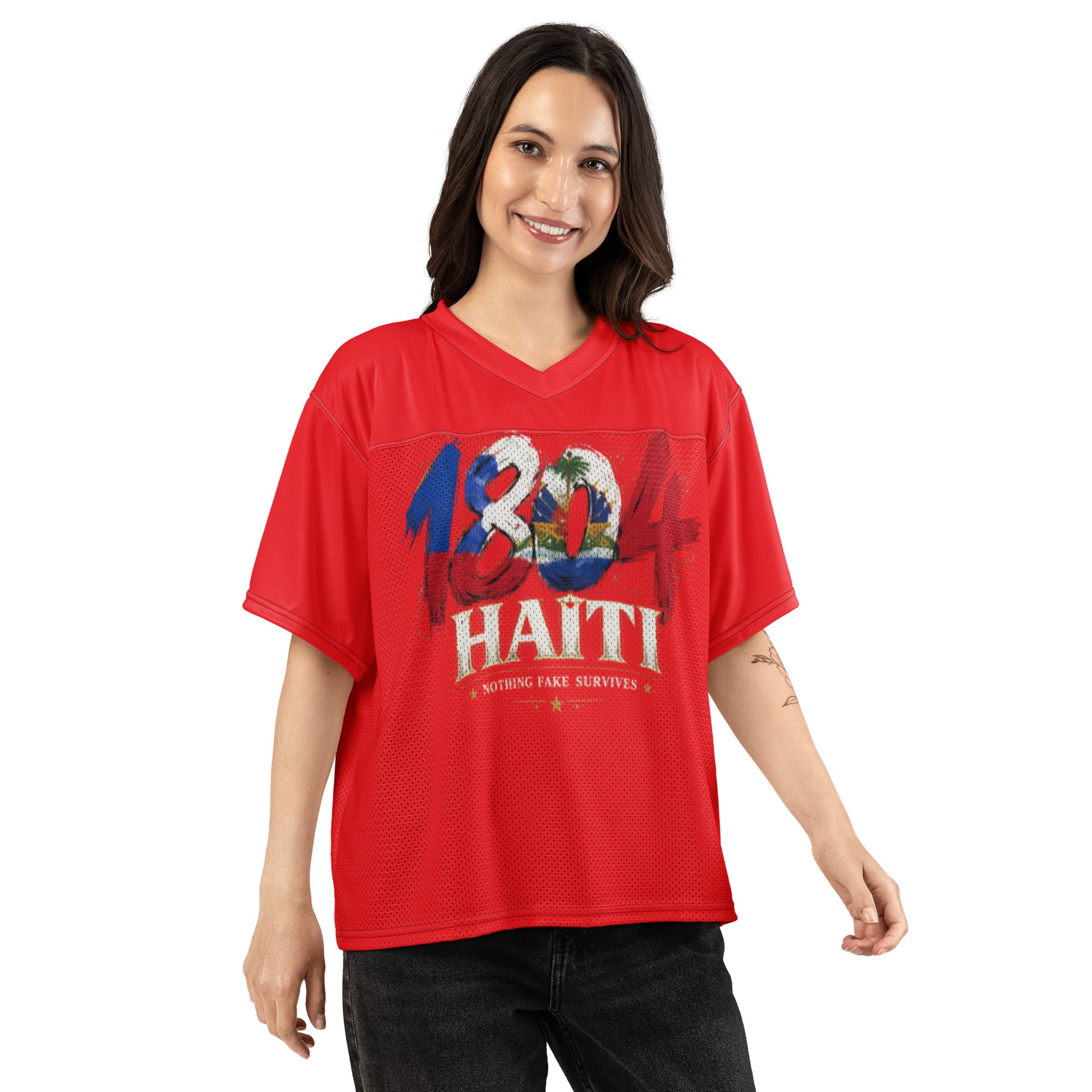 Woman wearing Revolution Red oversized 1804 Haiti mesh jersey by NFS