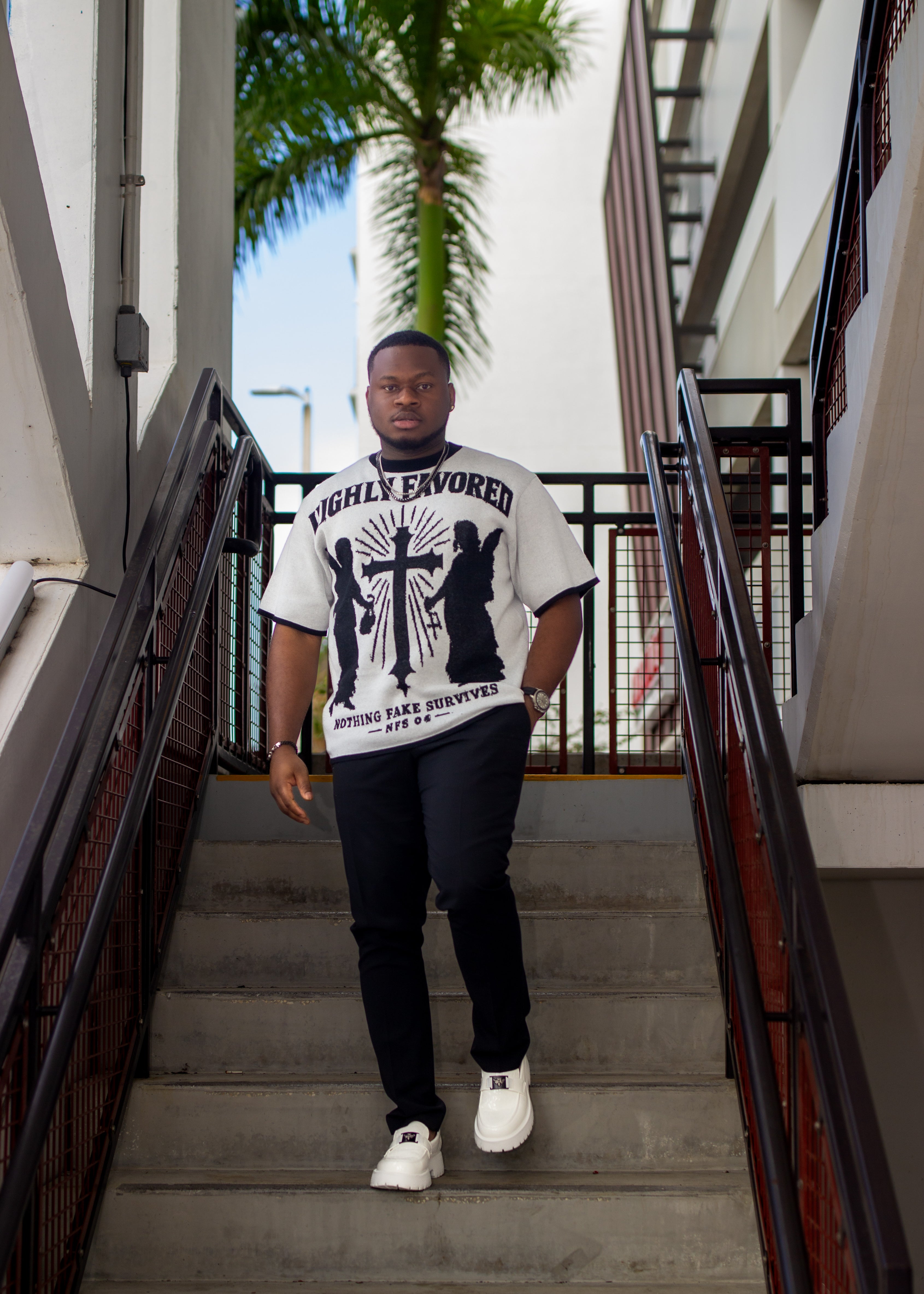 NFS “Highly Favored” Knitted T-Shirt-White/Black