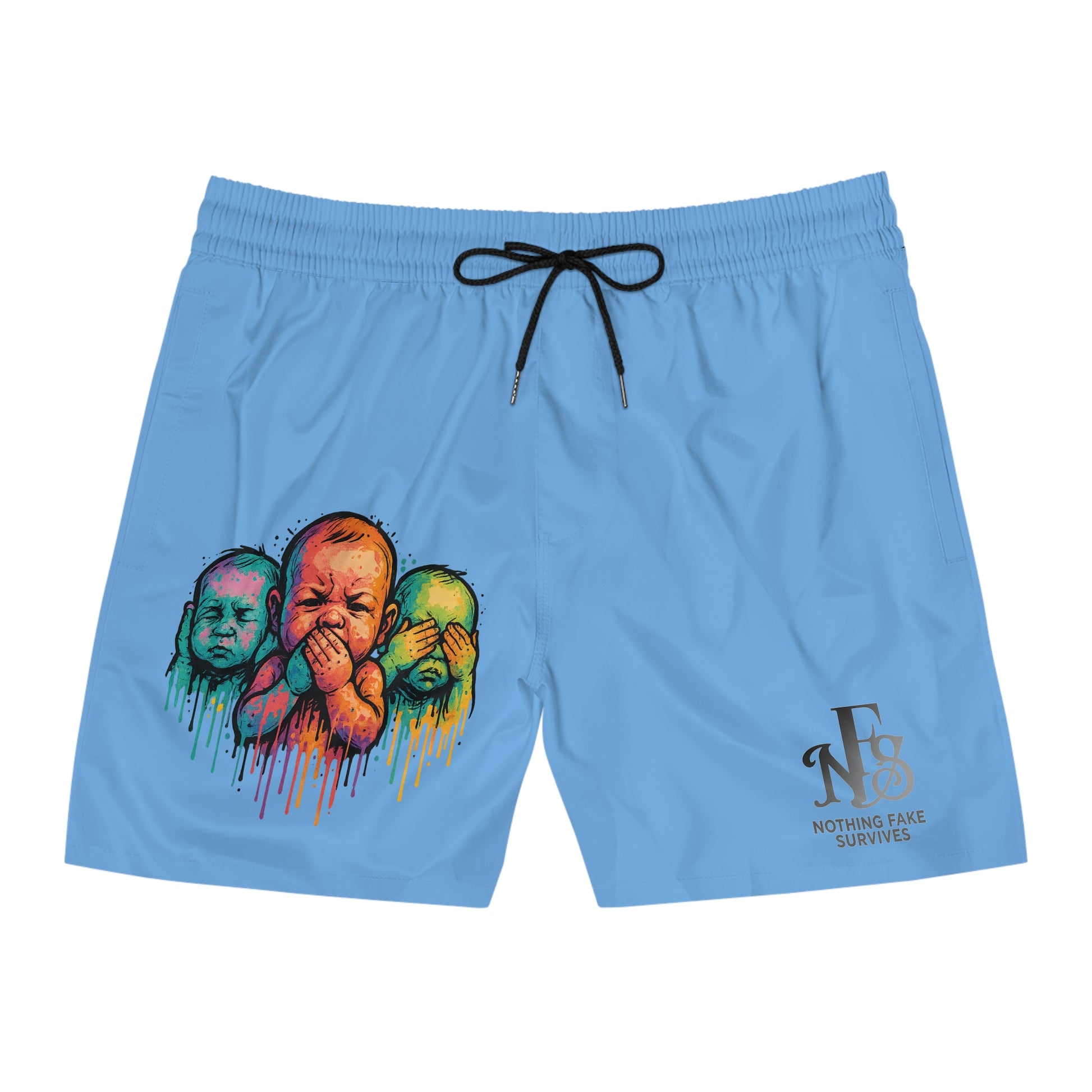 All-over printed Street Baby Trio Shorts by Drippy Silence featuring vibrant, colorful street art design on casual shorts.