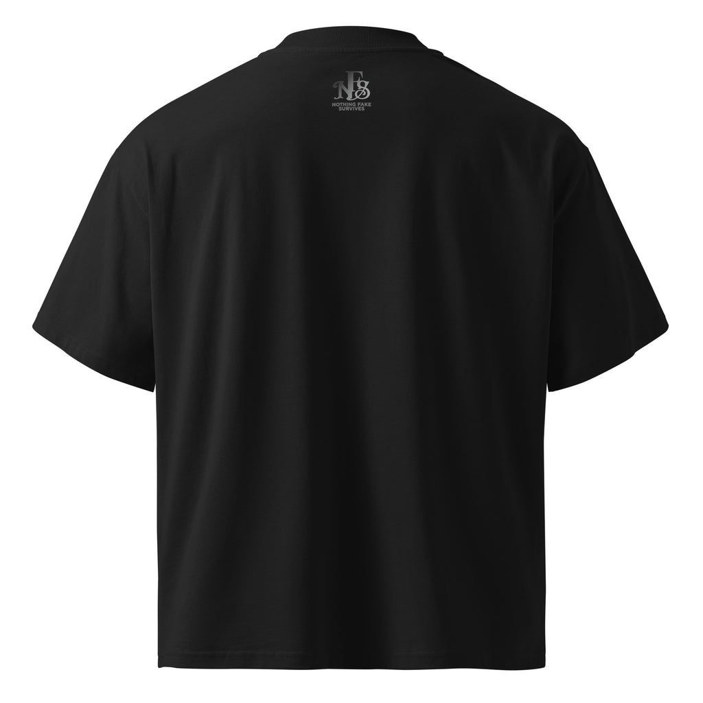 Black t-shirt with a logo on the back against a white background