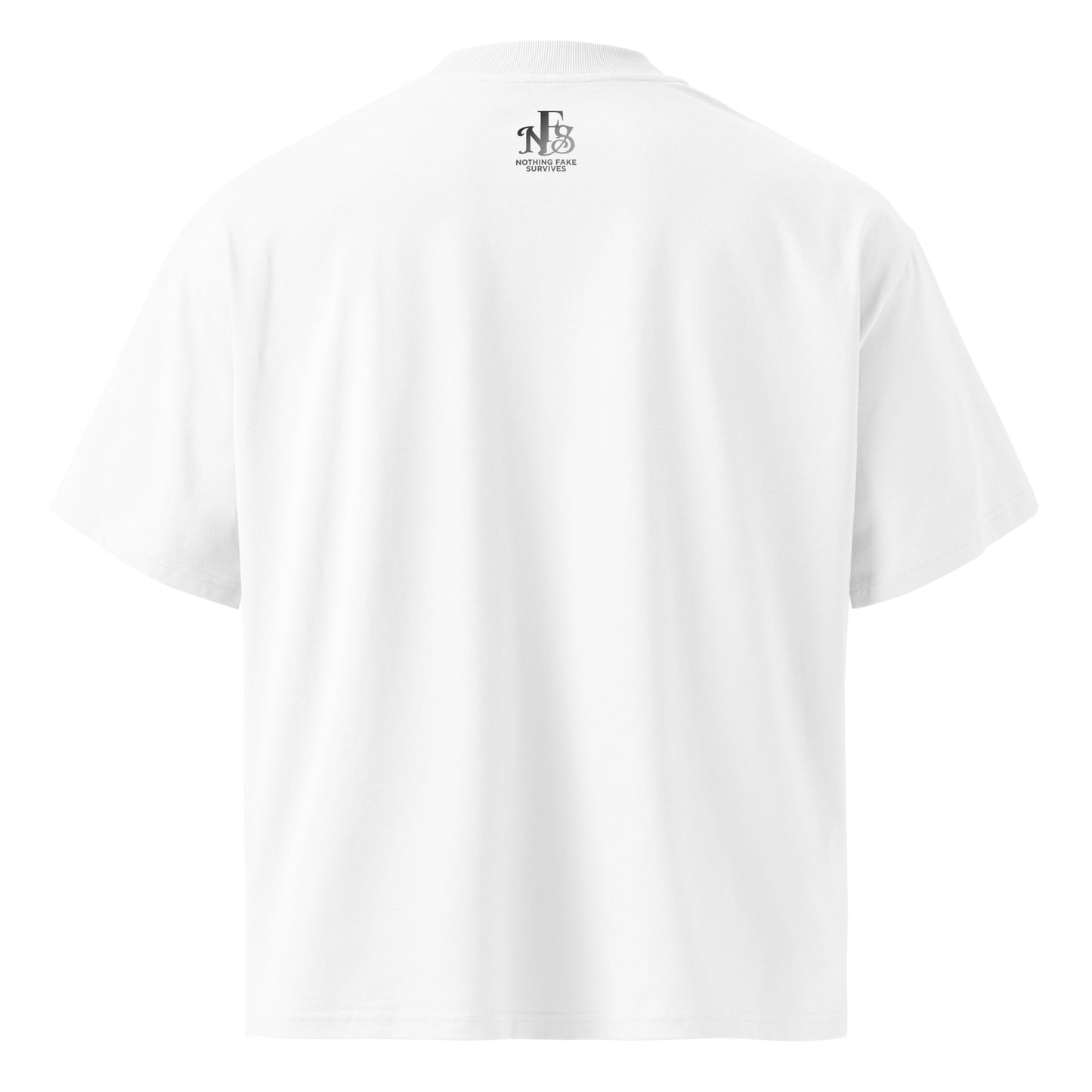 White t-shirt with black text on a white background