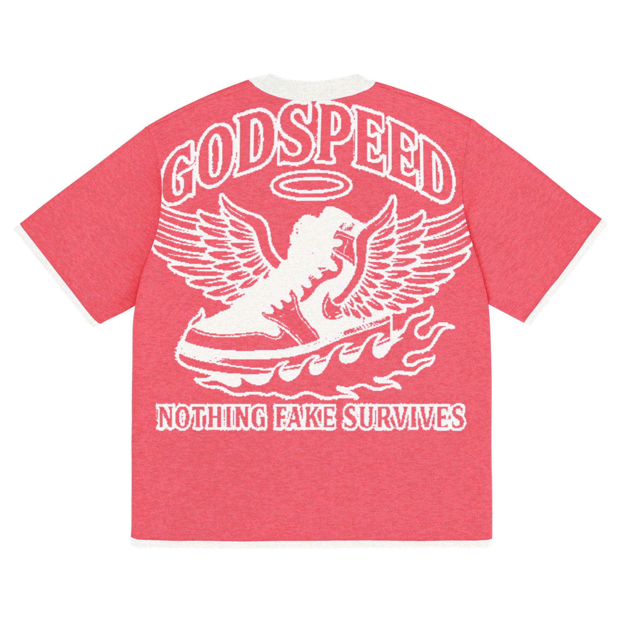 NFS Godspeed Knitted T-Shirt in pink with white contrast trim, winged sneaker flame design, and Nothing Fake Survives lettering.