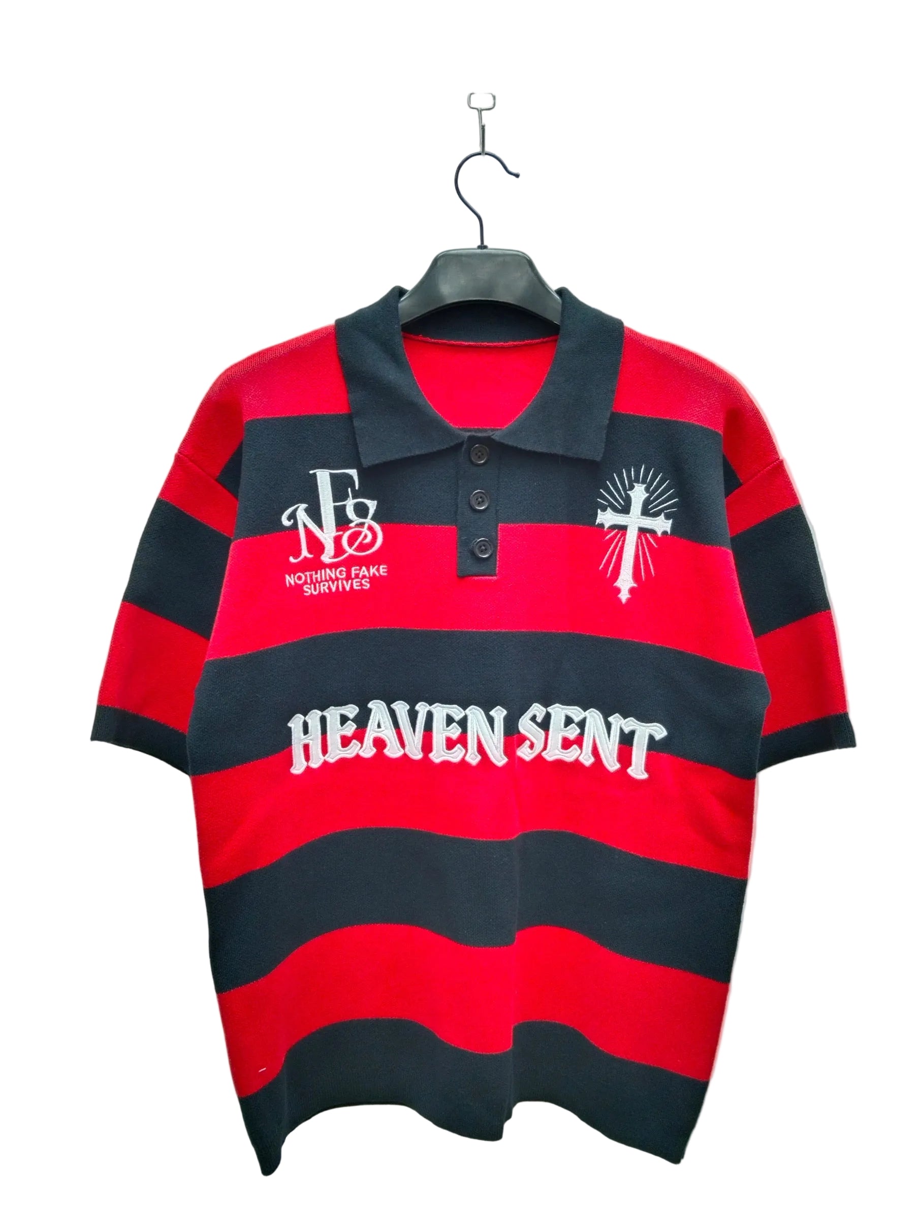 Red and black striped polo shirt with text and logo on a hanger against a white background
