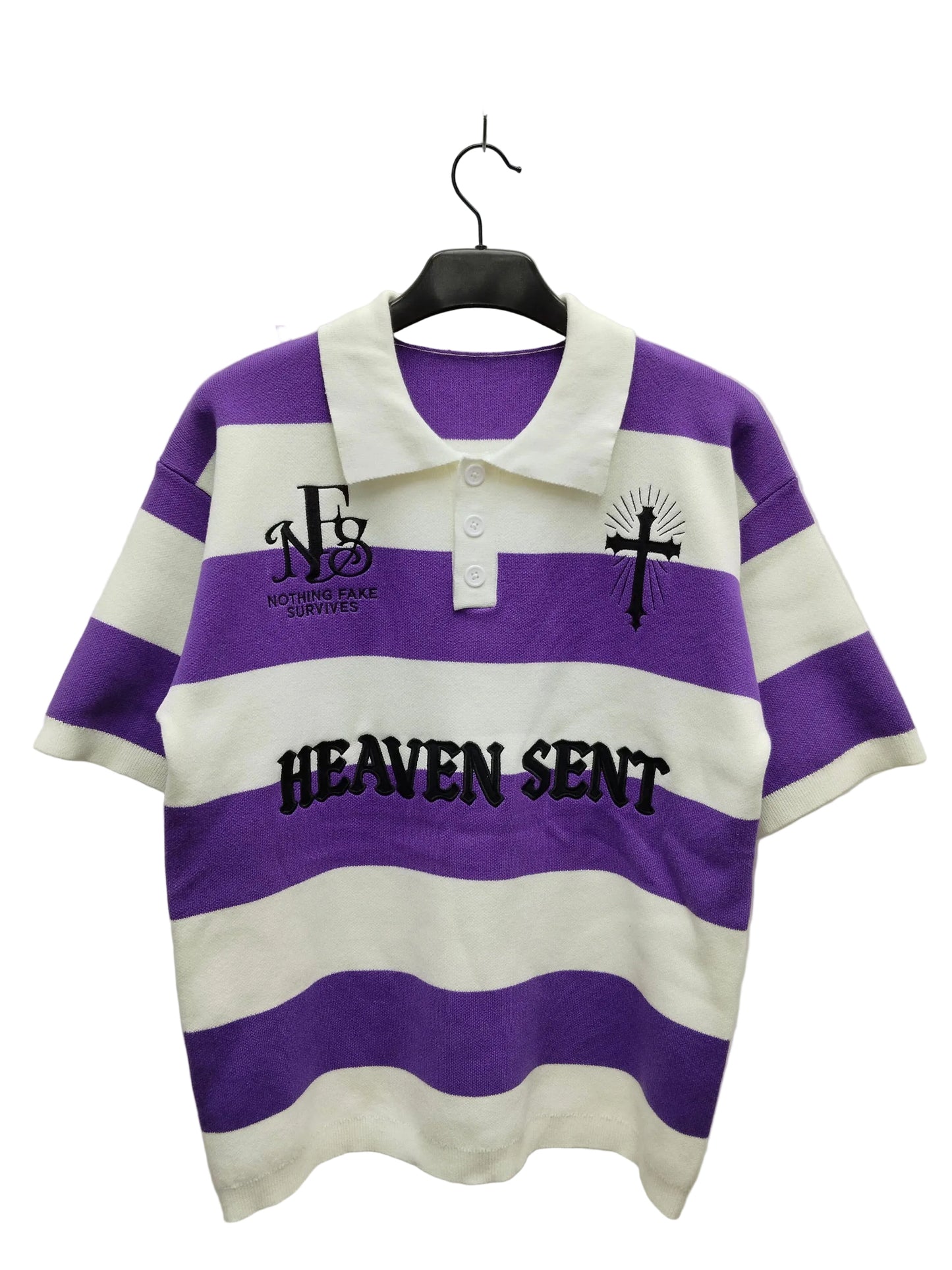 Purple and white striped polo shirt with 'Heaven Sent' text on a hanger against a white background