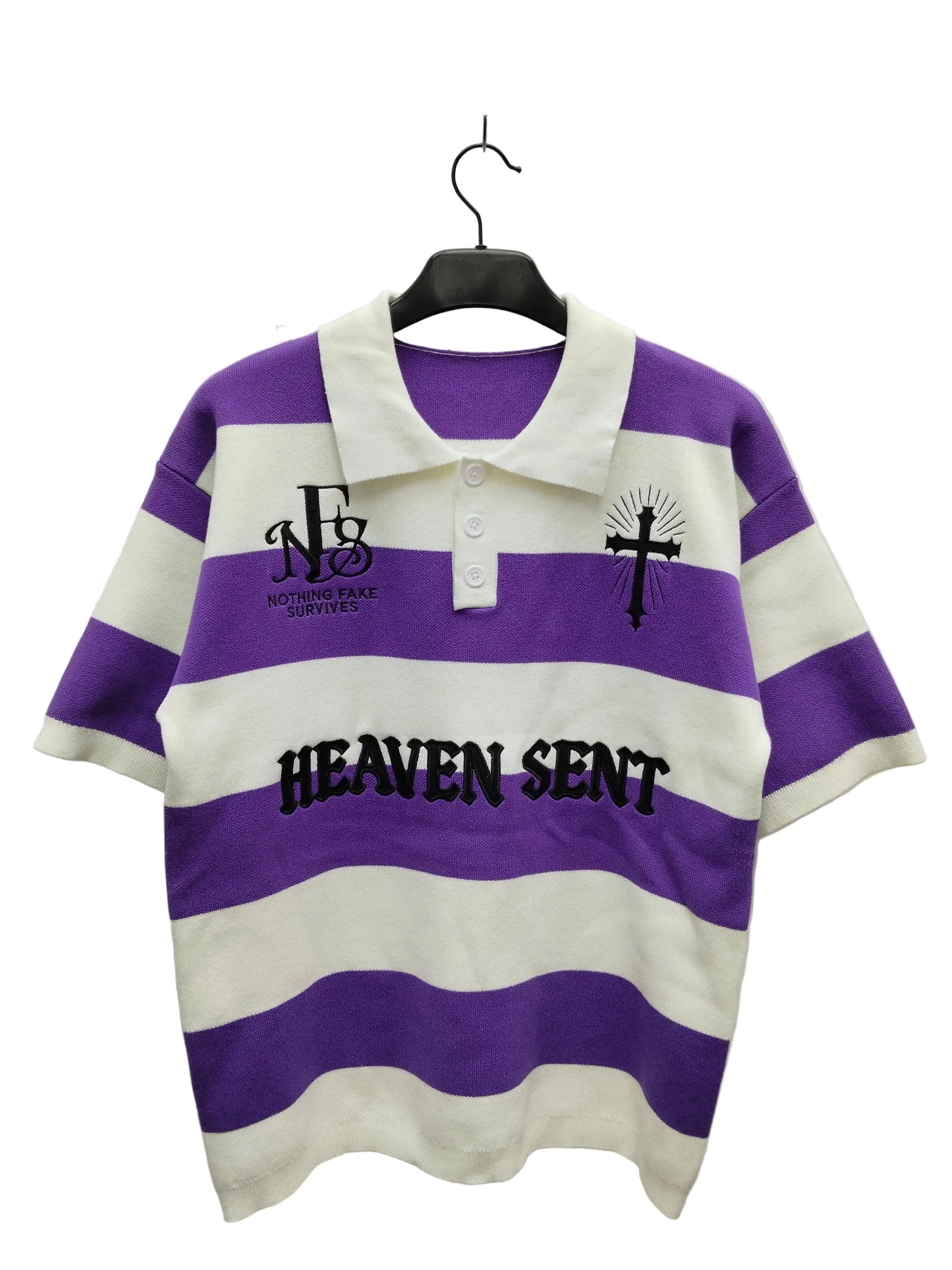 Purple and white striped polo shirt with 'Heaven Sent' text on a hanger against a white background