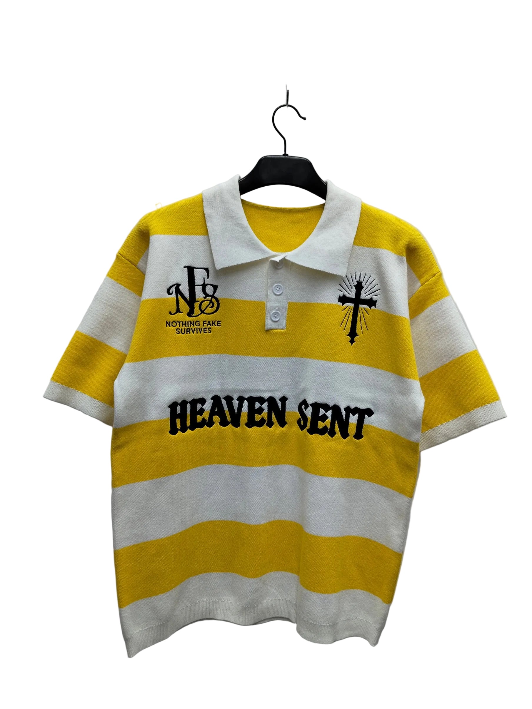 Yellow and white striped polo shirt with text and logo on a hanger against a plain  background