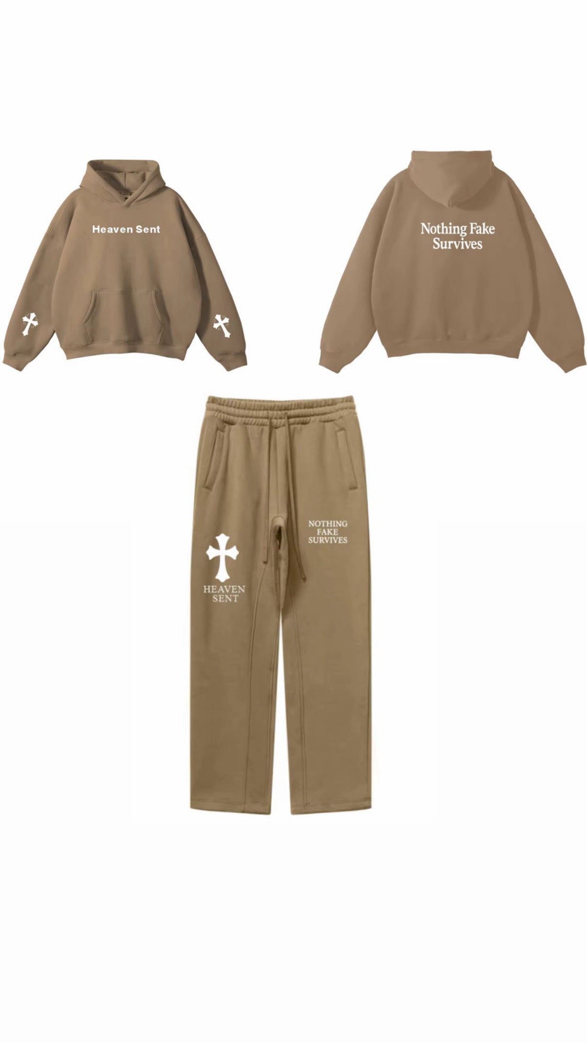 Brown hoodie and pants set with text and cross design on a white background