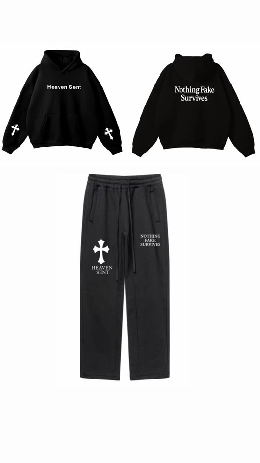 Black hoodie and pants set with text and cross design on a white background