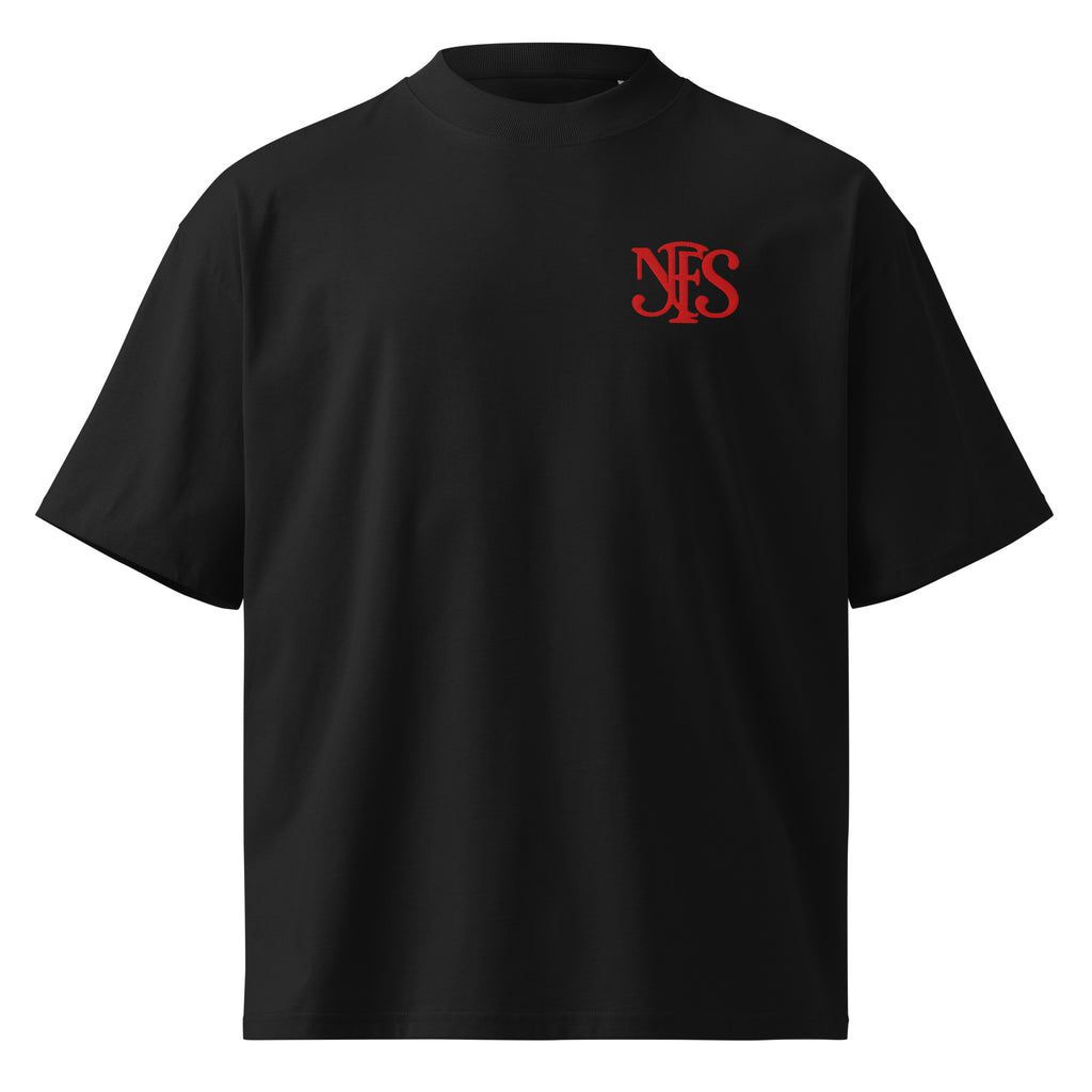 Black oversized NFS t-shirt with red luxury logo 