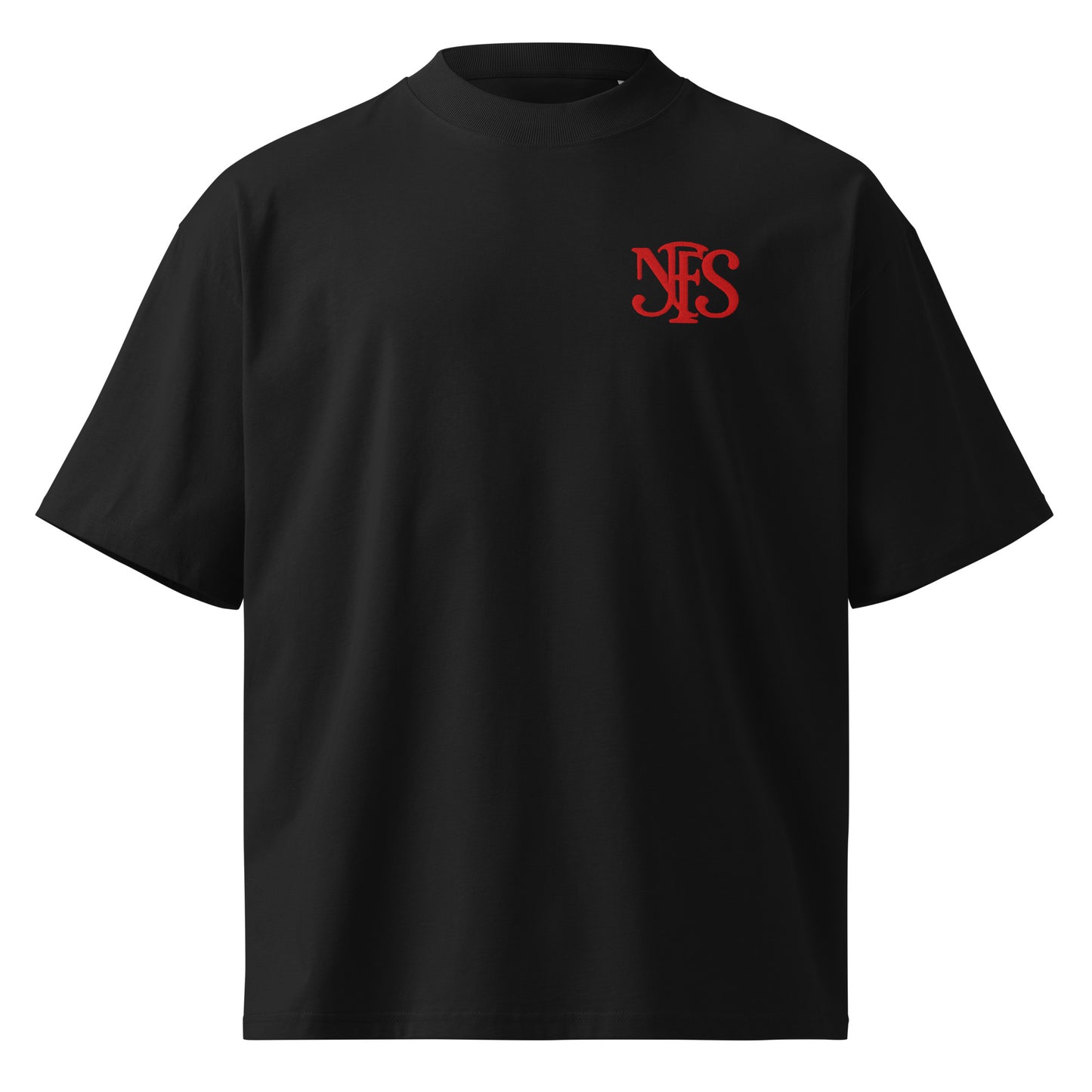 Black oversized NFS t-shirt with red luxury logo 