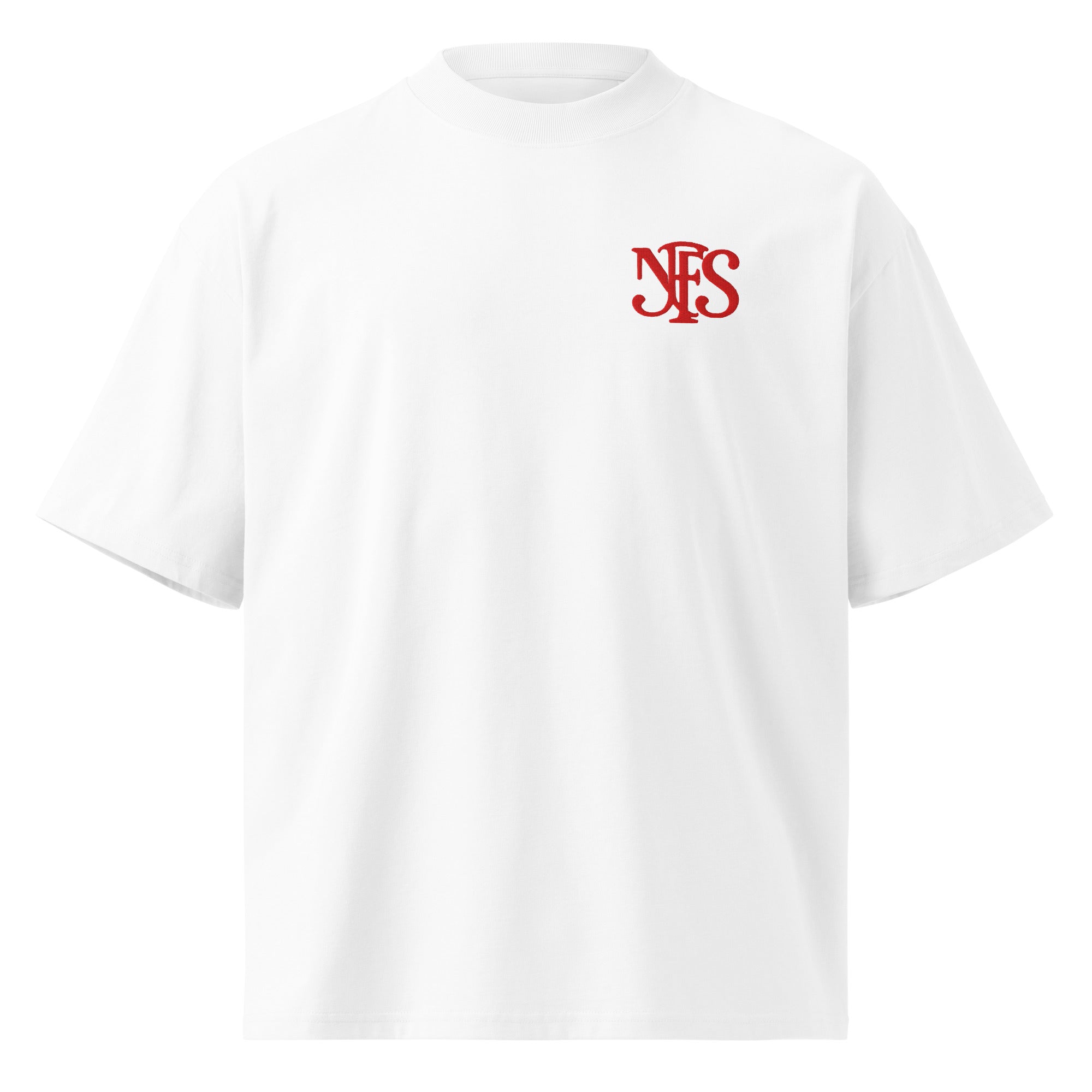 White oversized NFS t-shirt with red luxury logo