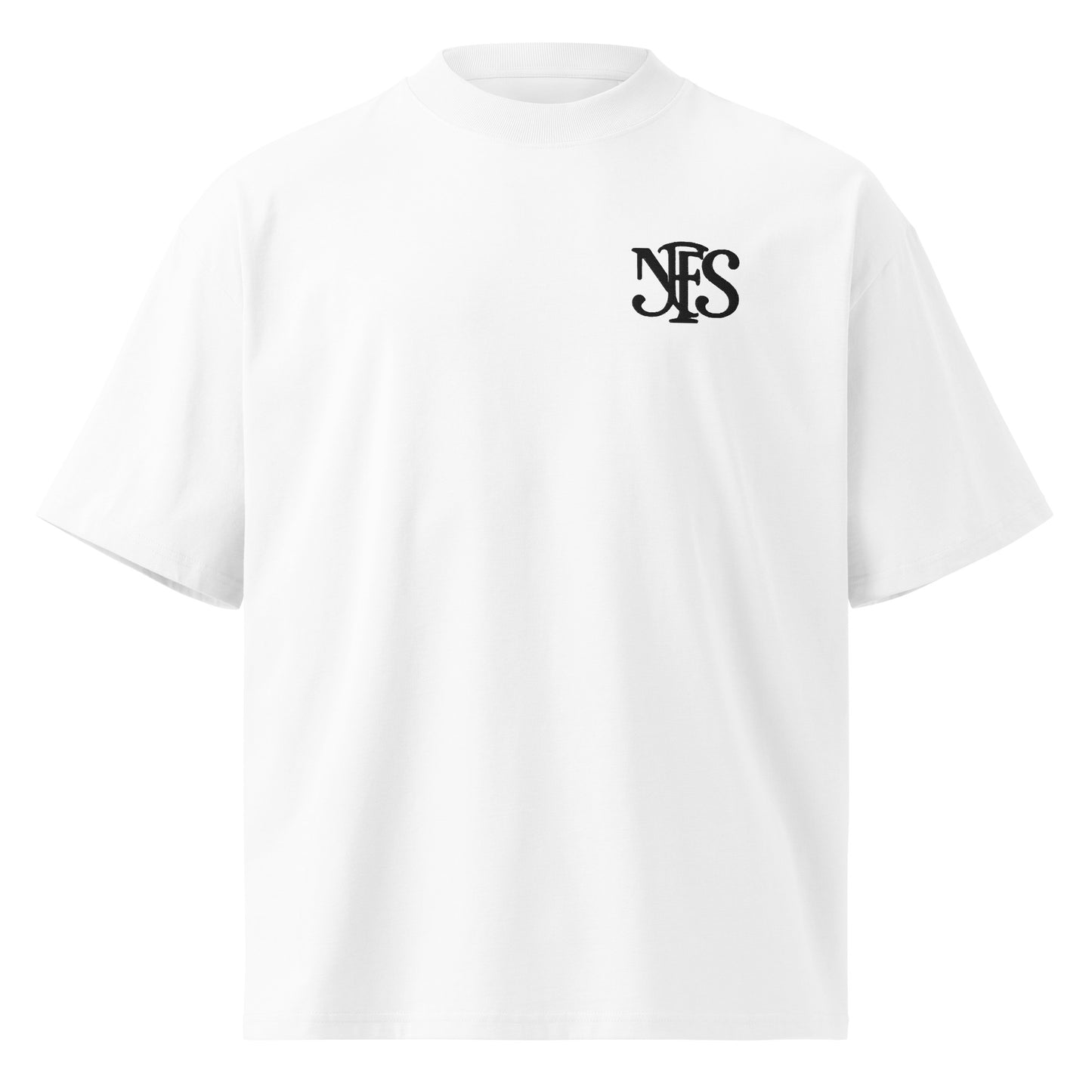 White t-shirt with a black logo on a white background