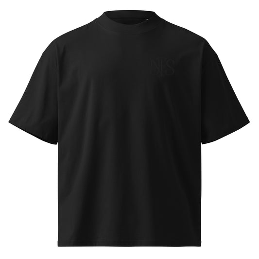 Black t-shirt with a black logo on a white background