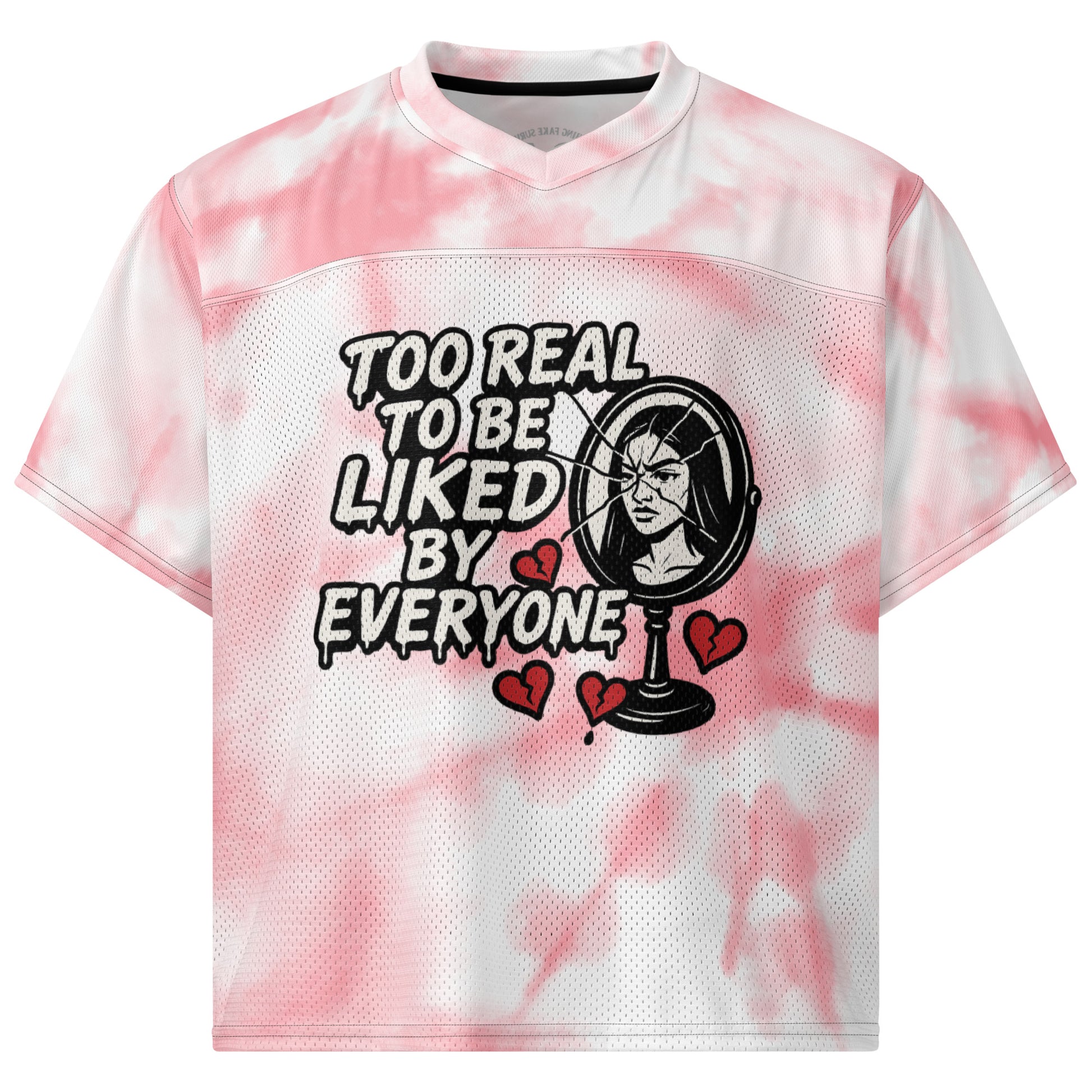Pink and white tie-dye shirt with graphic design and text on a white background