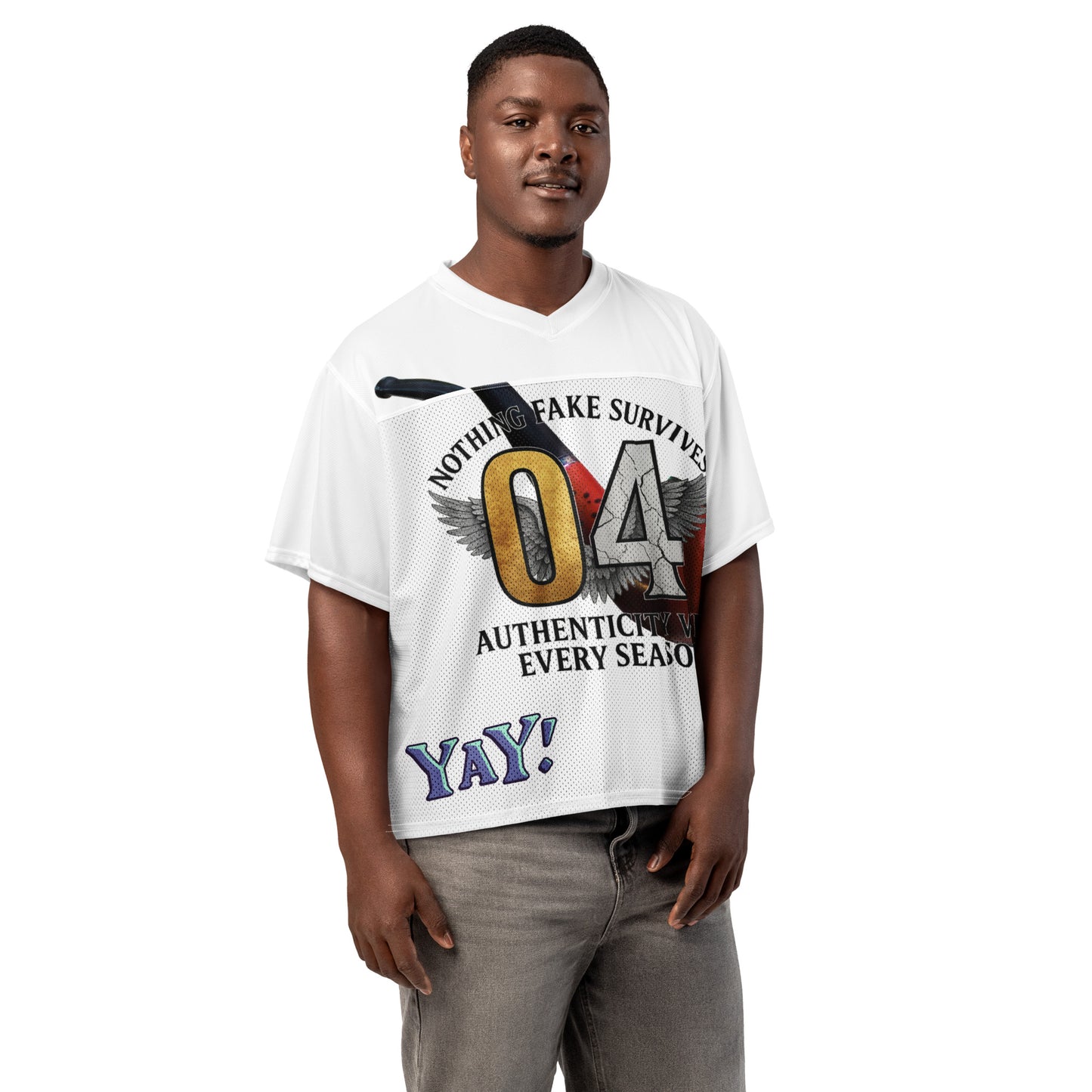 Man wearing a white NFS t-shirt with colorful graphics 