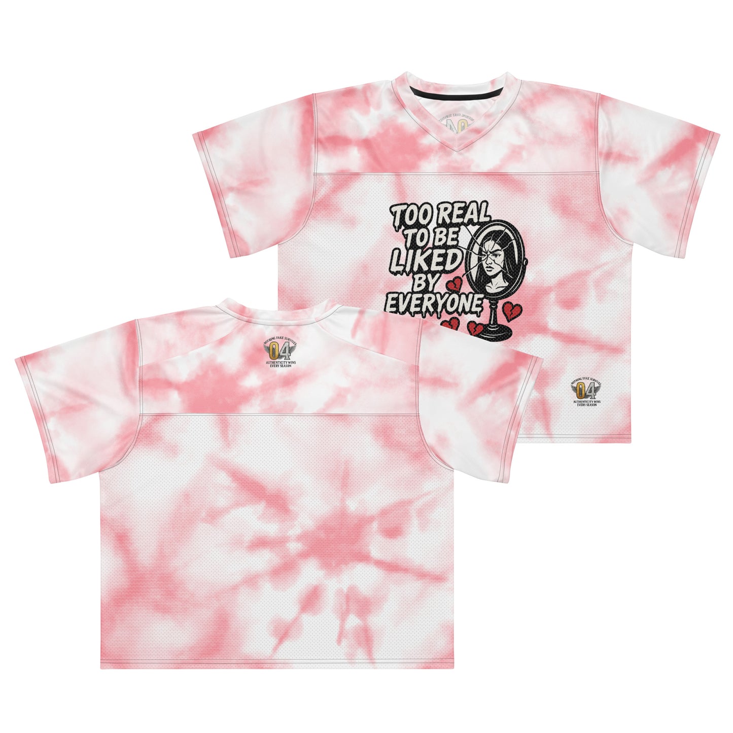 Pink and white tie-dye t-shirt with graphic design on a white background
