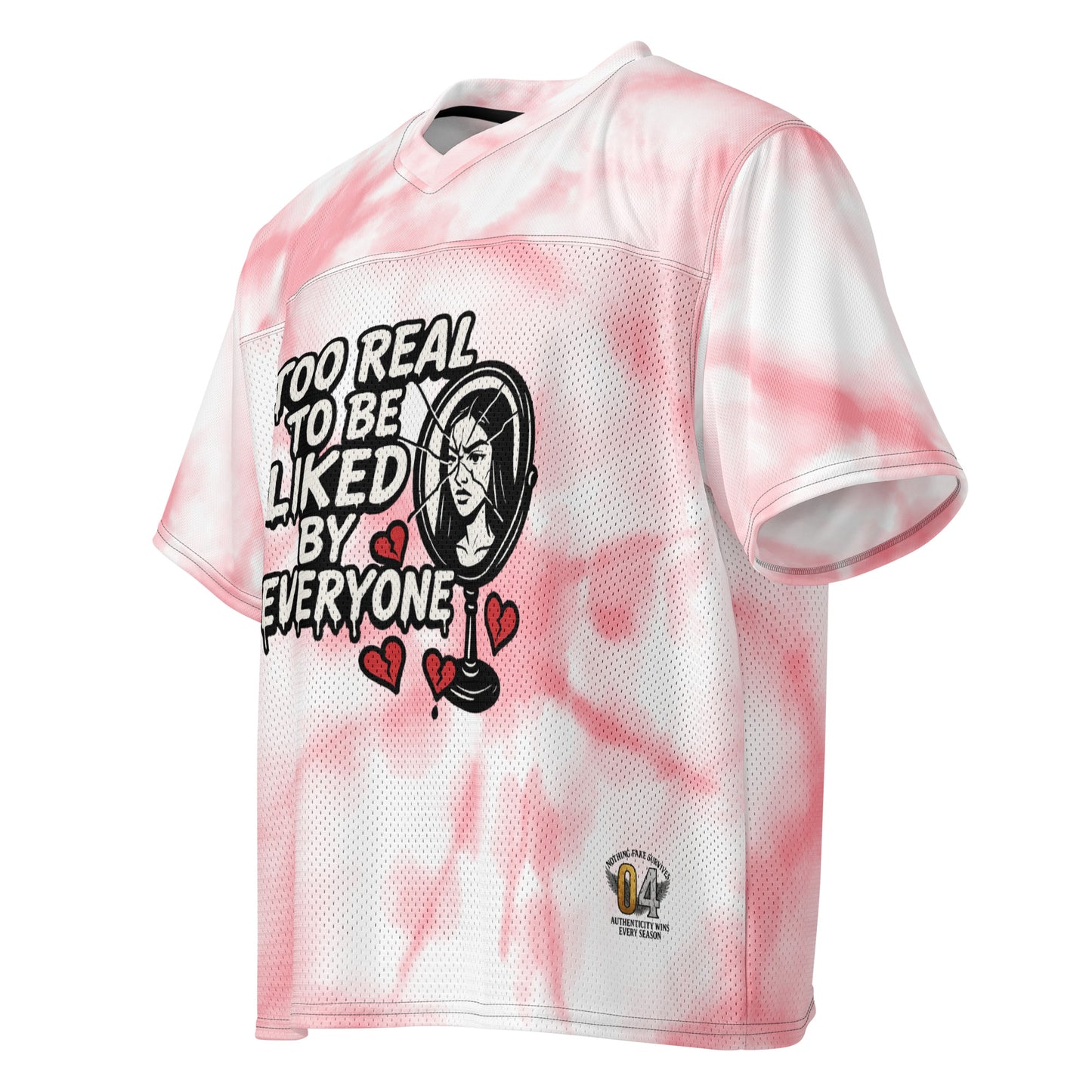 Pink and white tie-dye NFS jersey with graphic design and text on a white background