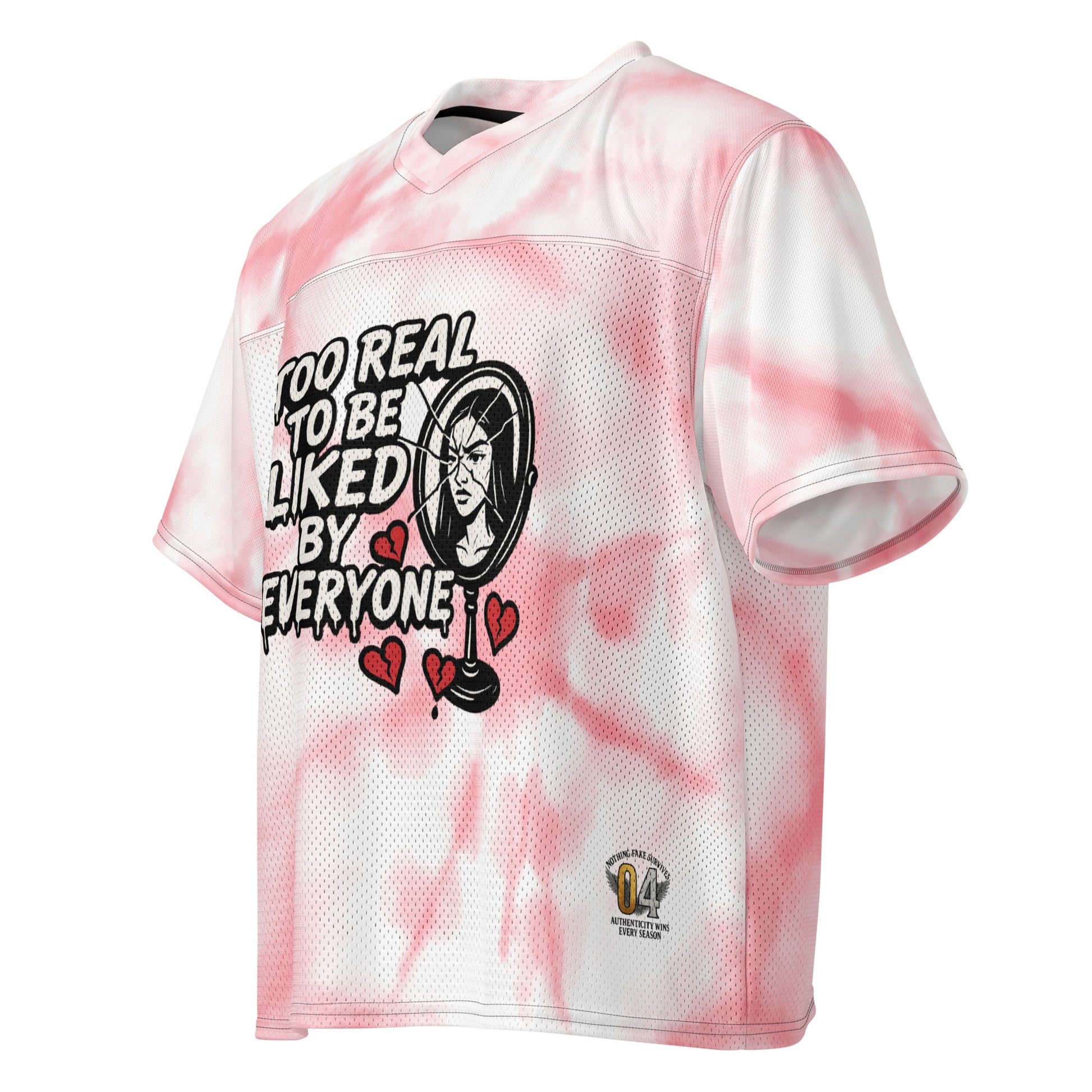 Pink and white tie-dye NFS jersey with graphic design and text on a white background