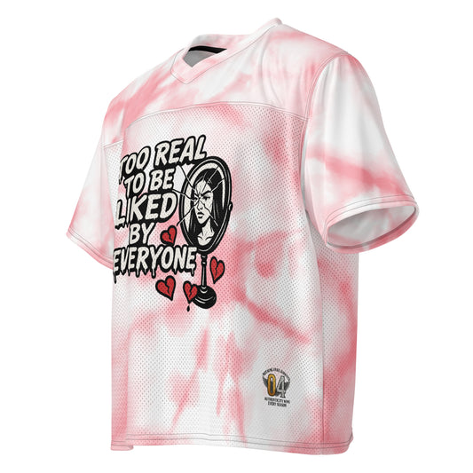 Pink and white tie-dye NFS jersey with graphic design and text on a white background