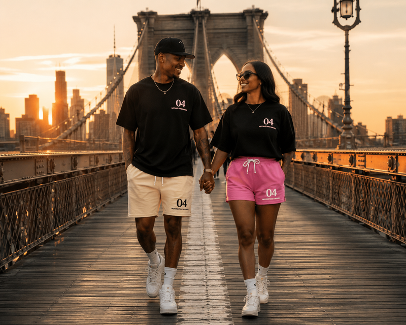 Couple wearing the NFS Faith Over Fear Summer Set on the Brooklyn Bridge in New York City.