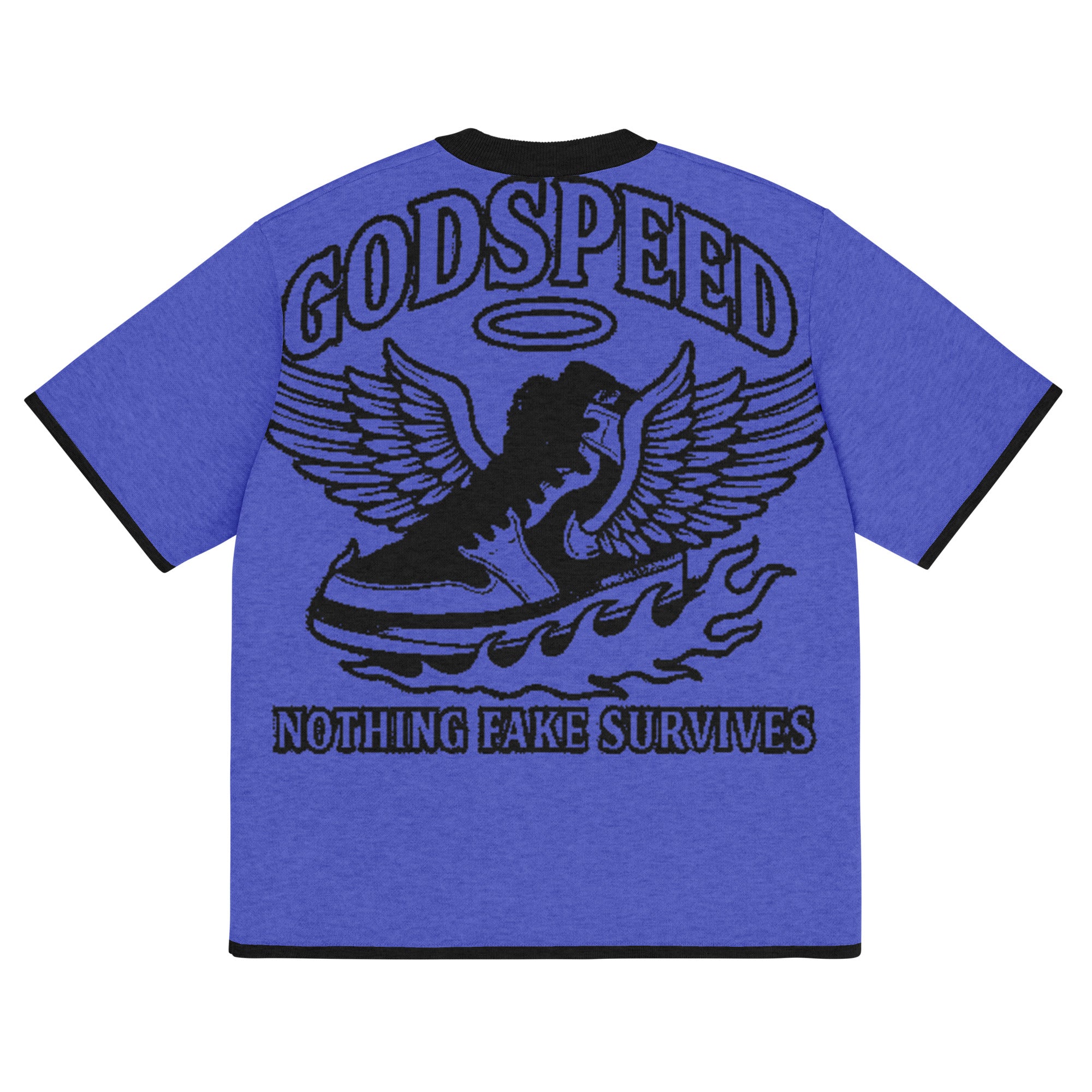 NFS Godspeed Knitted T-Shirt in Blue with black winged sneaker, halo, and flame design — bold streetwear graphic.