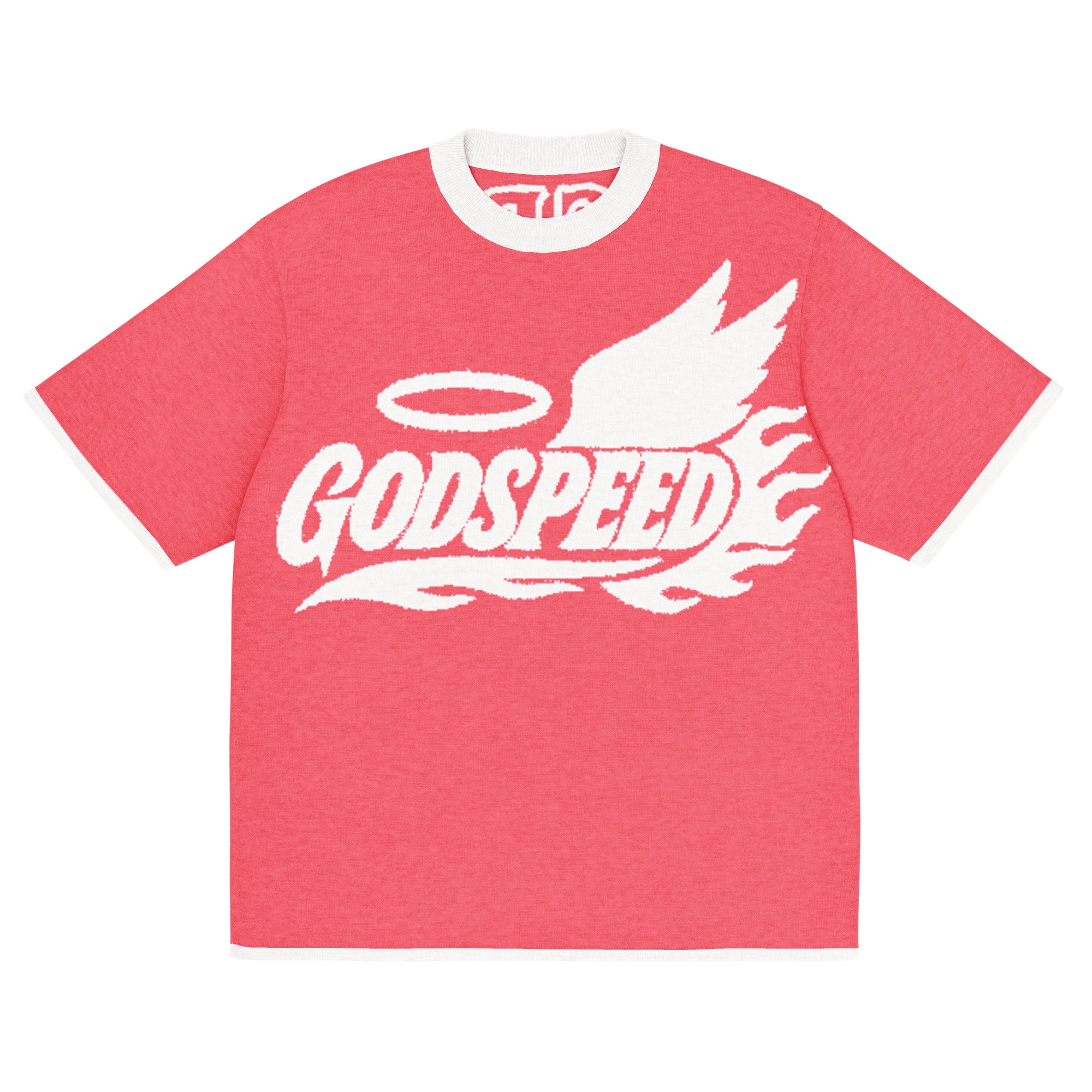 NFS Godspeed Knitted T-Shirt in pink with white contrast trim, winged sneaker flame design, and Nothing Fake Survives lettering.