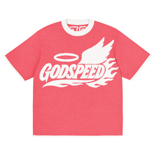 NFS Godspeed Knitted T-Shirt in pink with white contrast trim, winged sneaker flame design, and Nothing Fake Survives lettering.