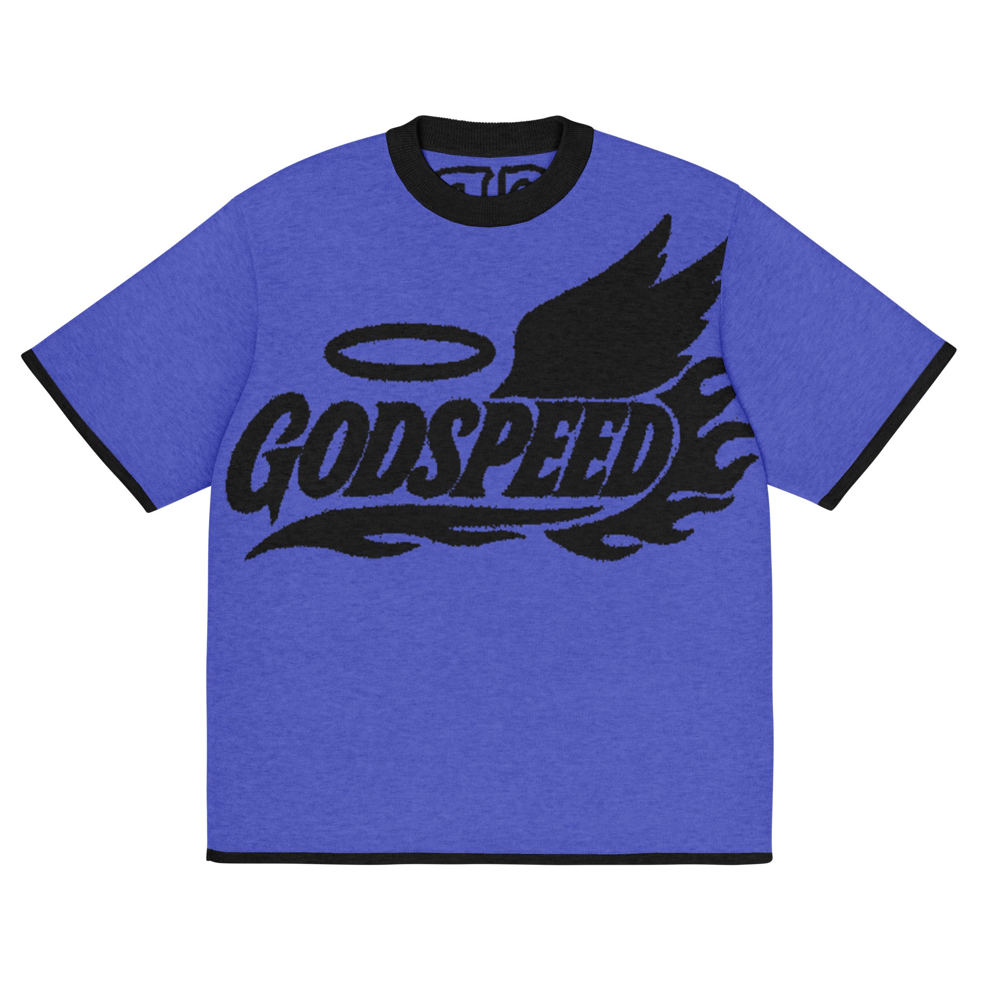 NFS Godspeed Knitted T-Shirt in Blue with black winged sneaker, halo, and flame design — bold streetwear graphic.