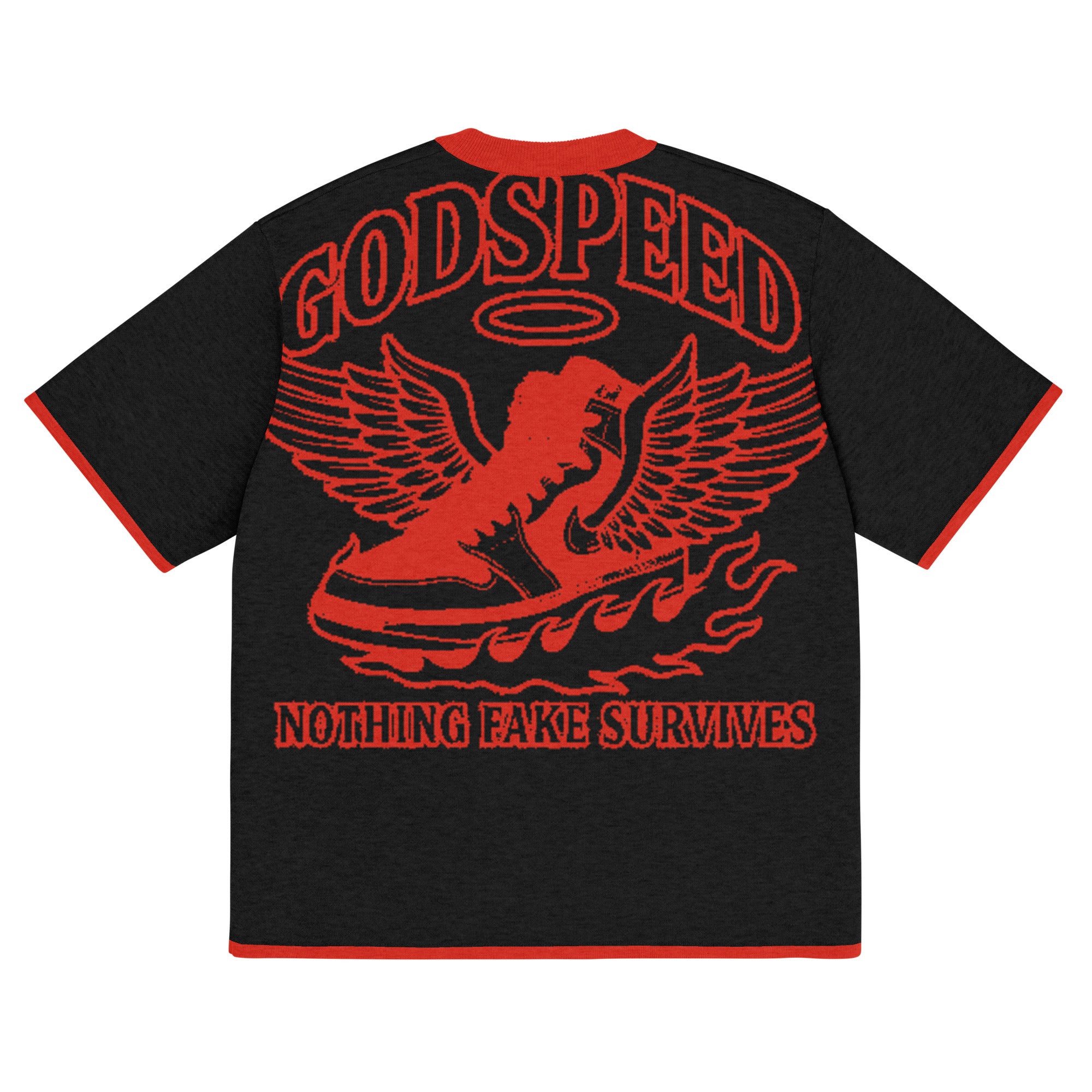 NFS Godspeed Knitted T-Shirt in Black with red contrast trim, winged sneaker flame design, and Nothing Fake Survives lettering.