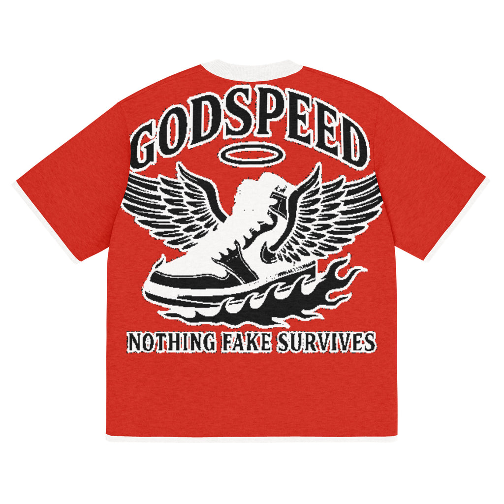 NFS Godspeed Knitted T-Shirt in Red with winged sneaker, halo, and flame design — Nothing Fake Survives graphic on back.