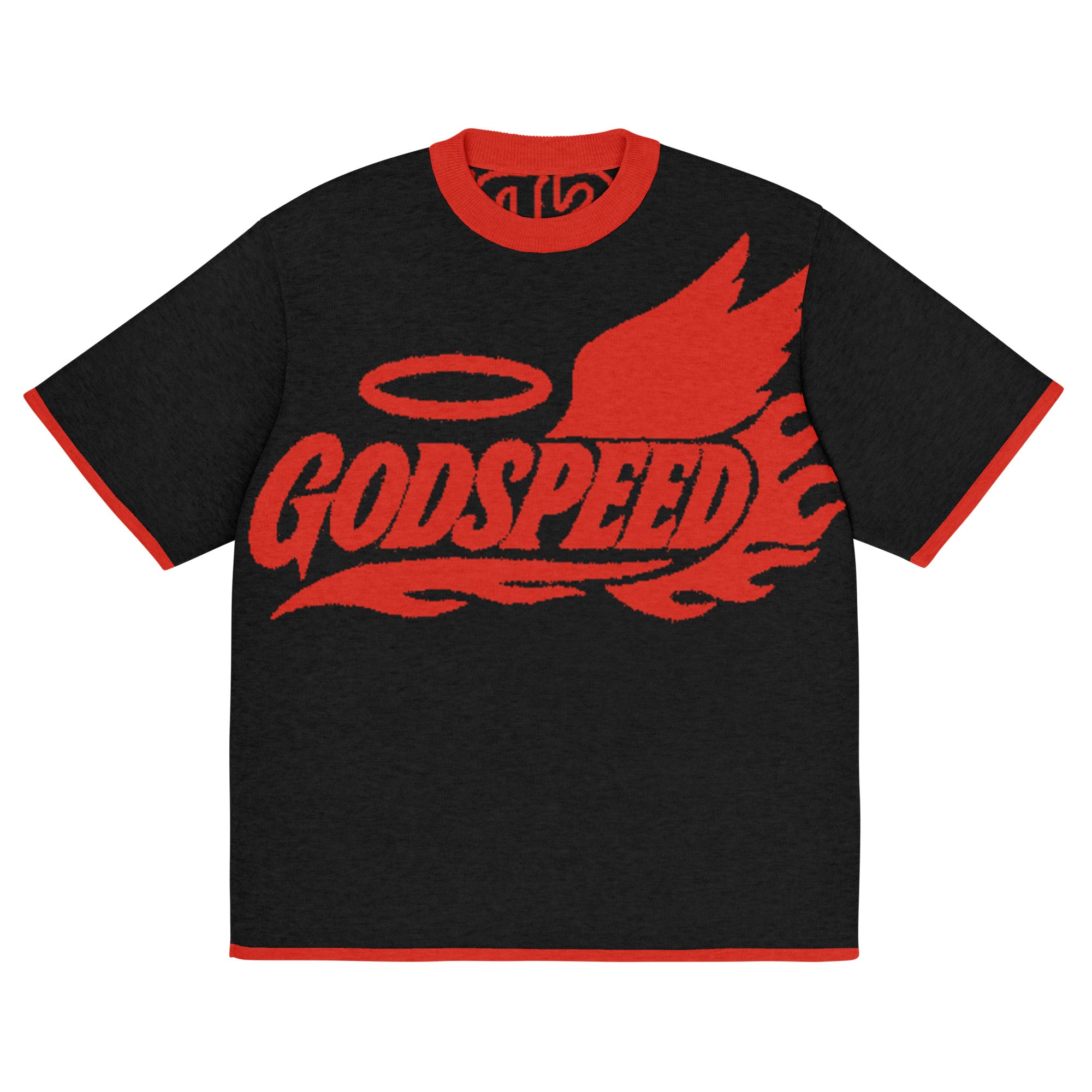 NFS Godspeed Knitted T-Shirt in Black with red contrast trim, winged sneaker flame design, and Nothing Fake Survives lettering.